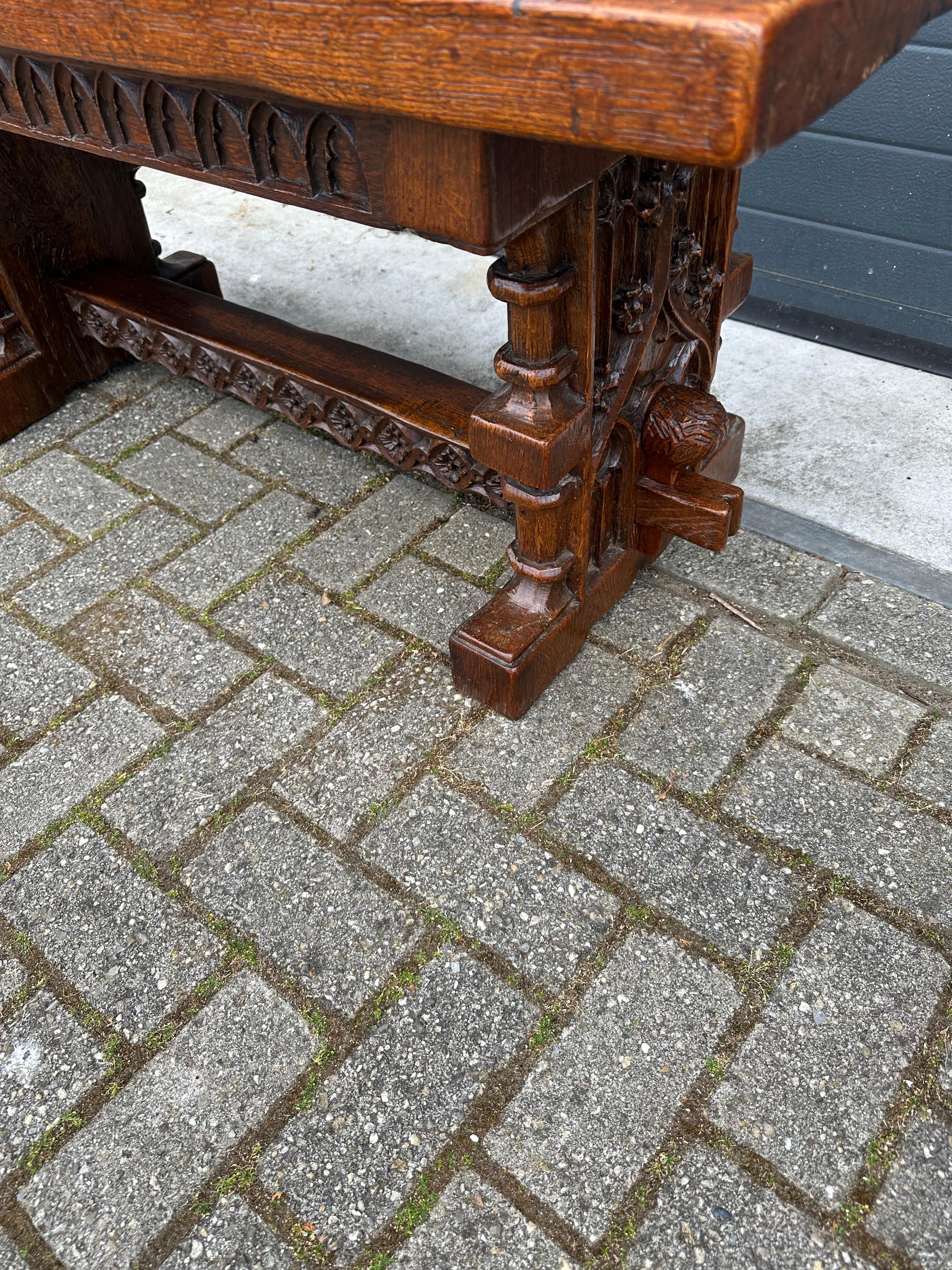 Hand-Carved Sturdy Gothic Revival Hand Carved Oak Coffee Table or Side Table w. Great Patina For Sale