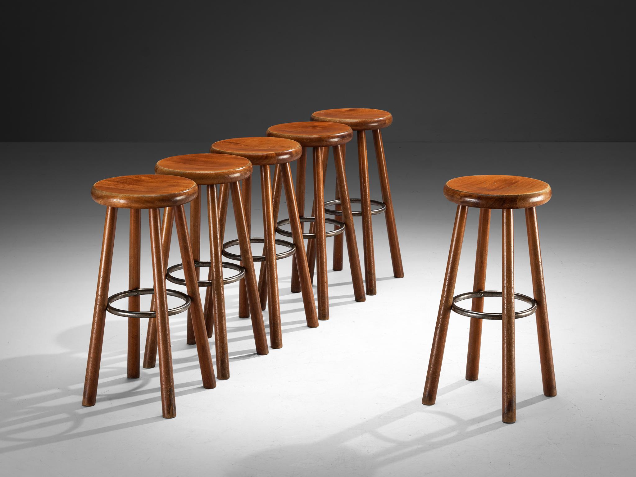 Bar stools, beech, metal, Europe, 1960s

A set of sturdy bar stools made in Europe in the 1960s. Crafted from solid beech, these stools feature a sturdy construction and a timeless design that epitomizes the practical elegance of the midcentury era.