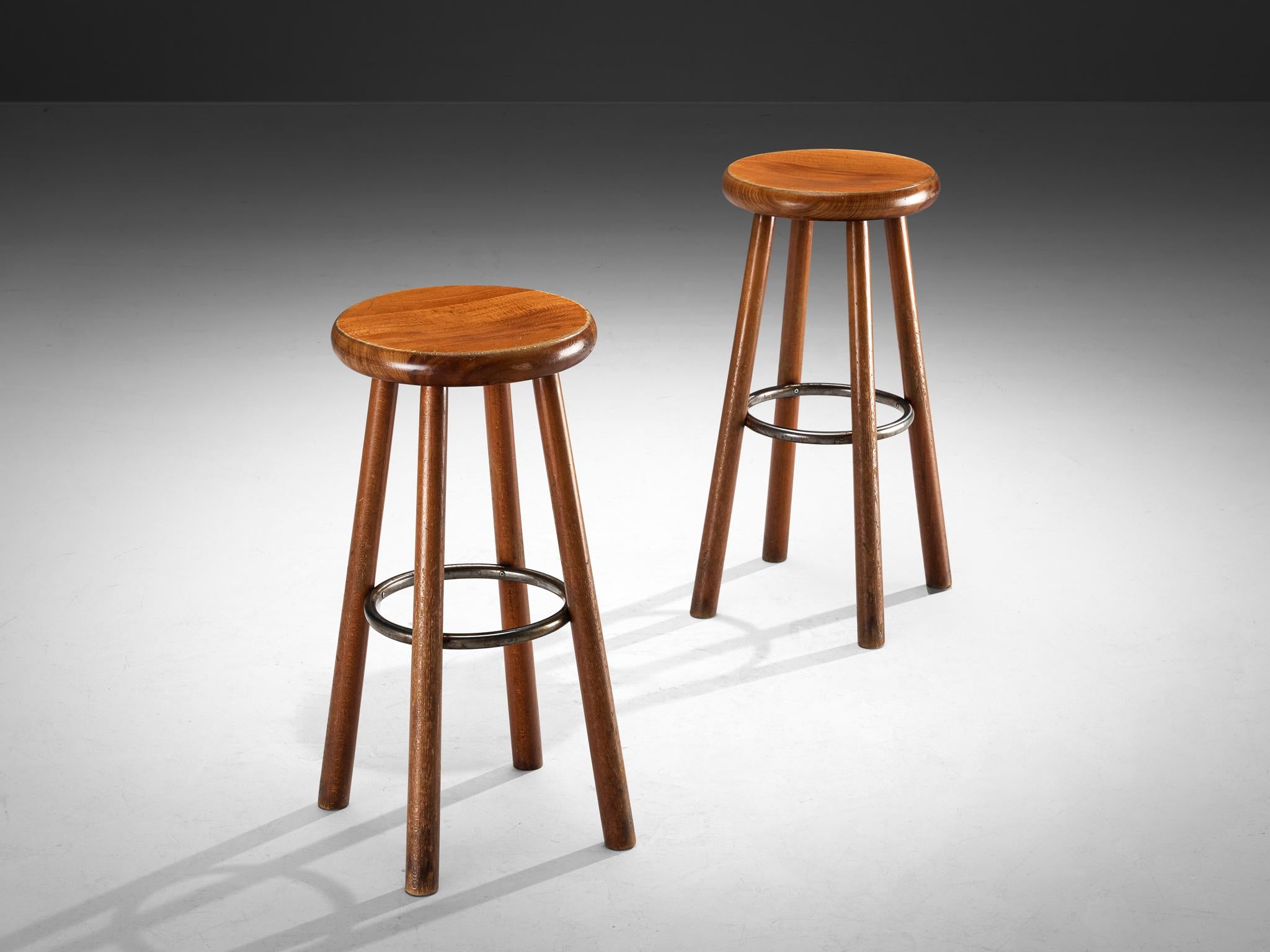Metal Sturdy Mid-century Bar Stools in Solid Wood For Sale