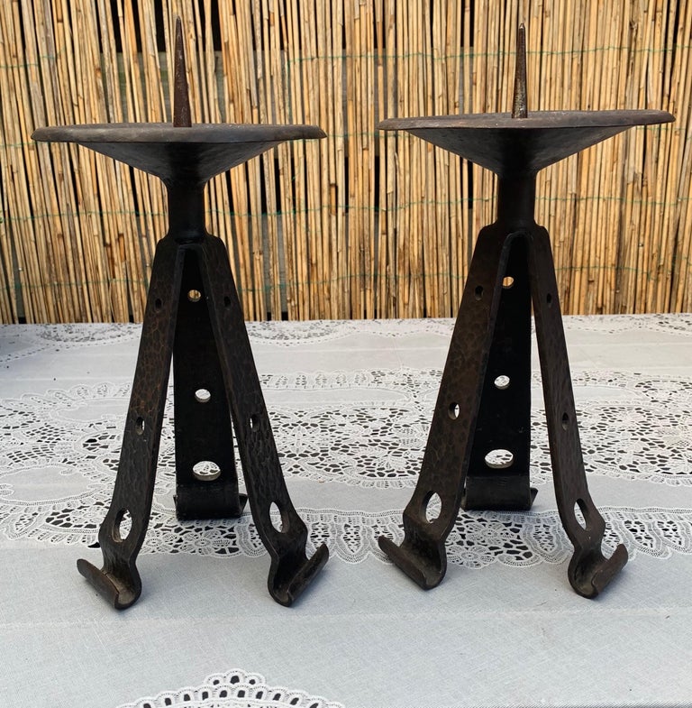 Sturdy Pair of Brutalist Forged Wrought Iron Candlesticks / Candleholders For Sale 11