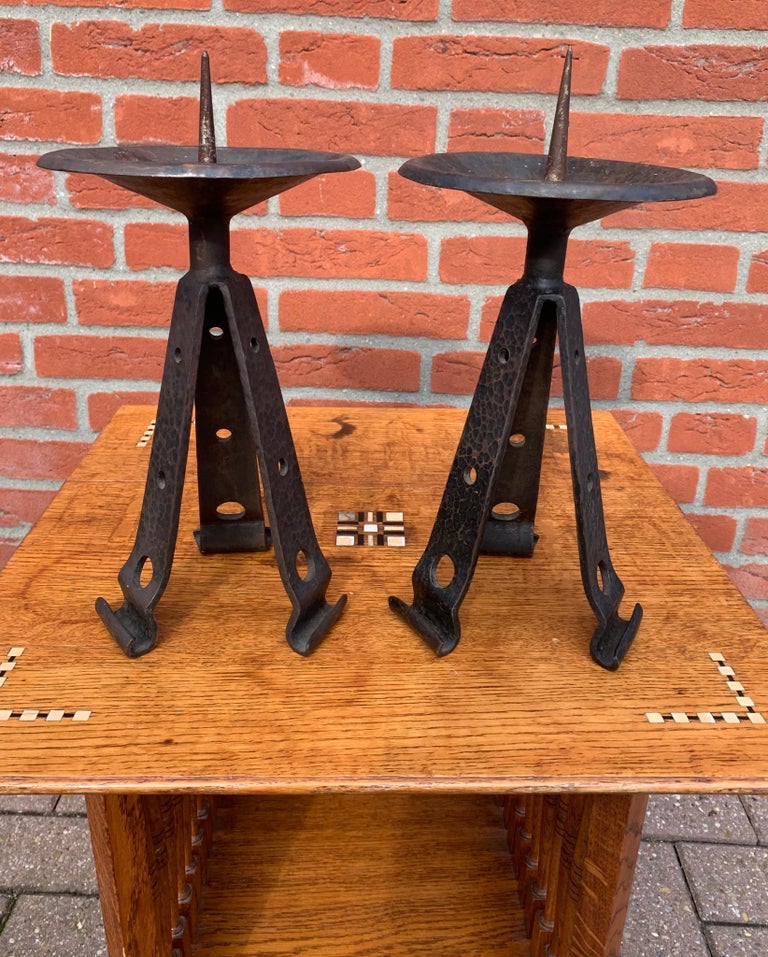 Sturdy Pair of Brutalist Forged Wrought Iron Candlesticks / Candleholders For Sale 12