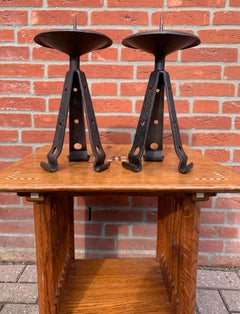 Rare & Sturdy Pair of Brutalist Forged Wrought Iron Candlesticks / Candleholders