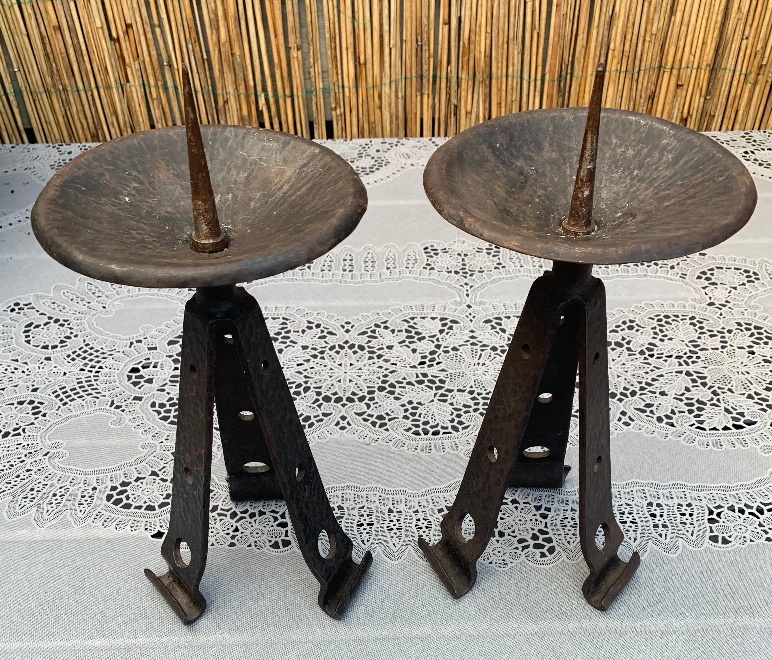 Rare & Sturdy Pair of Brutalist Forged Wrought Iron Candlesticks / Candleholders For Sale 13