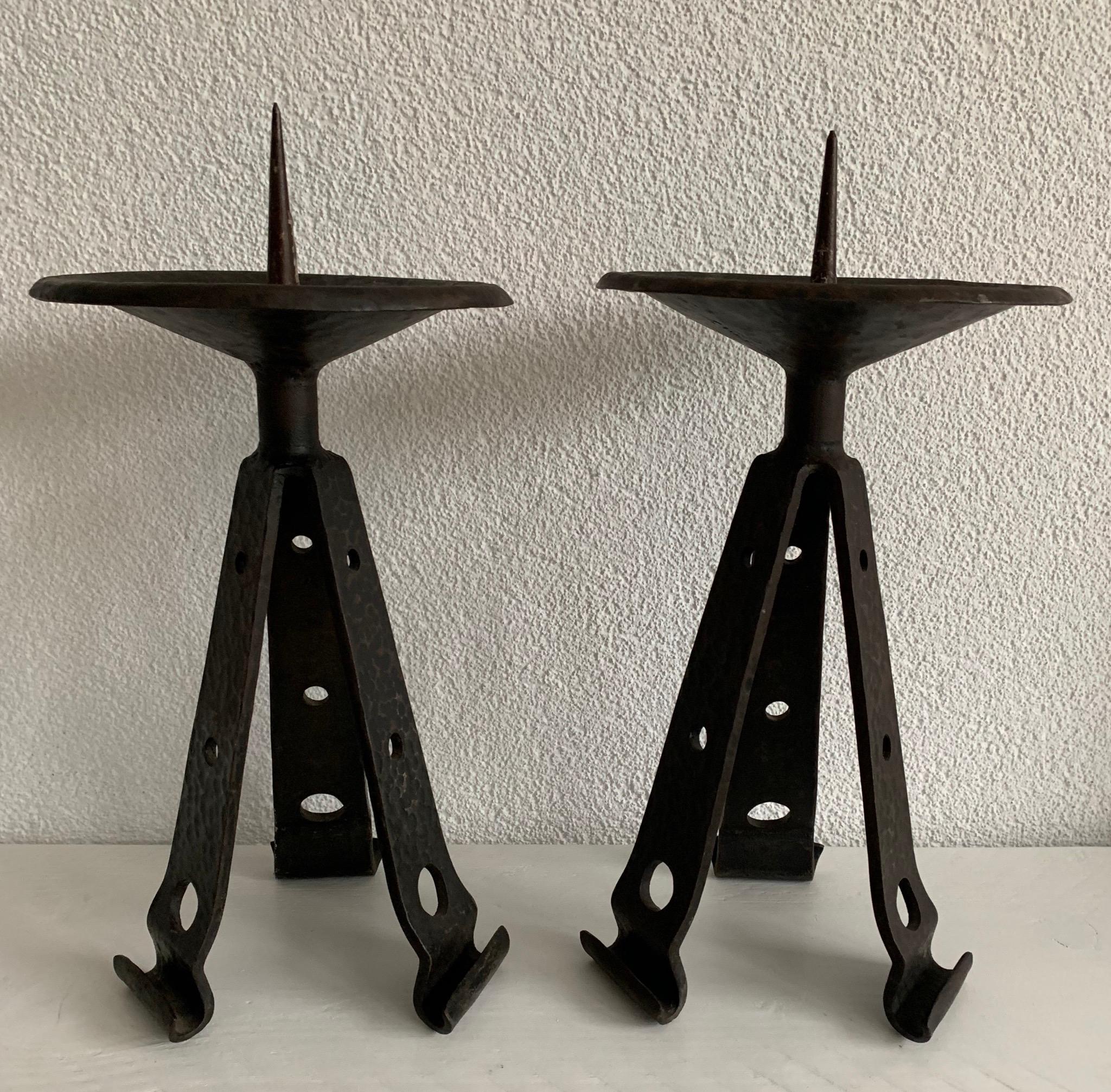 Arts and Crafts Rare & Sturdy Pair of Brutalist Forged Wrought Iron Candlesticks / Candleholders For Sale