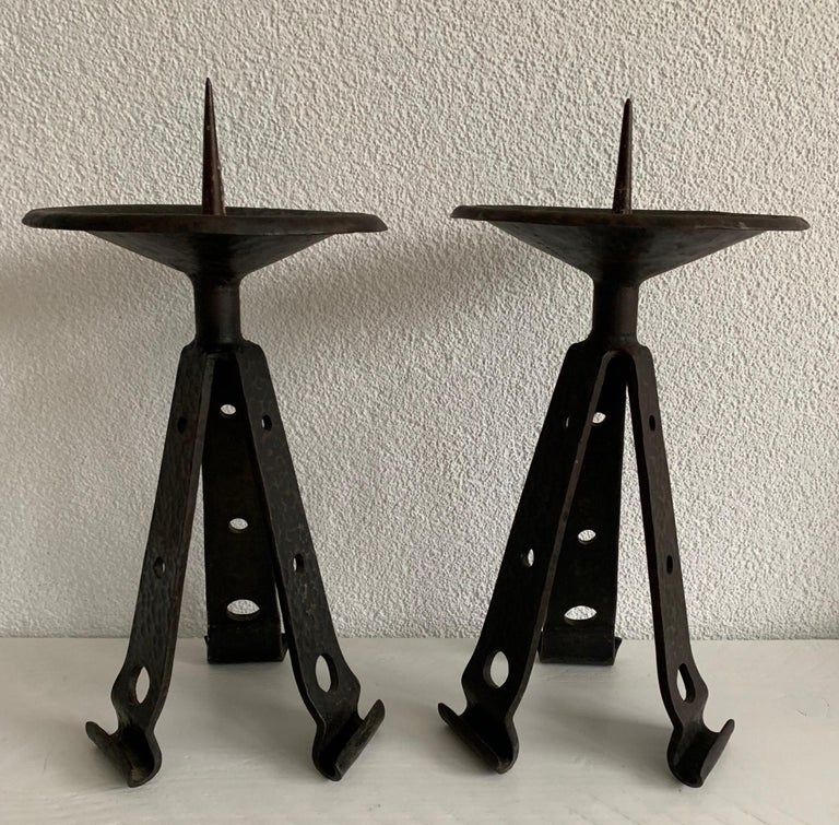 Arts and Crafts Sturdy Pair of Brutalist Forged Wrought Iron Candlesticks / Candleholders For Sale