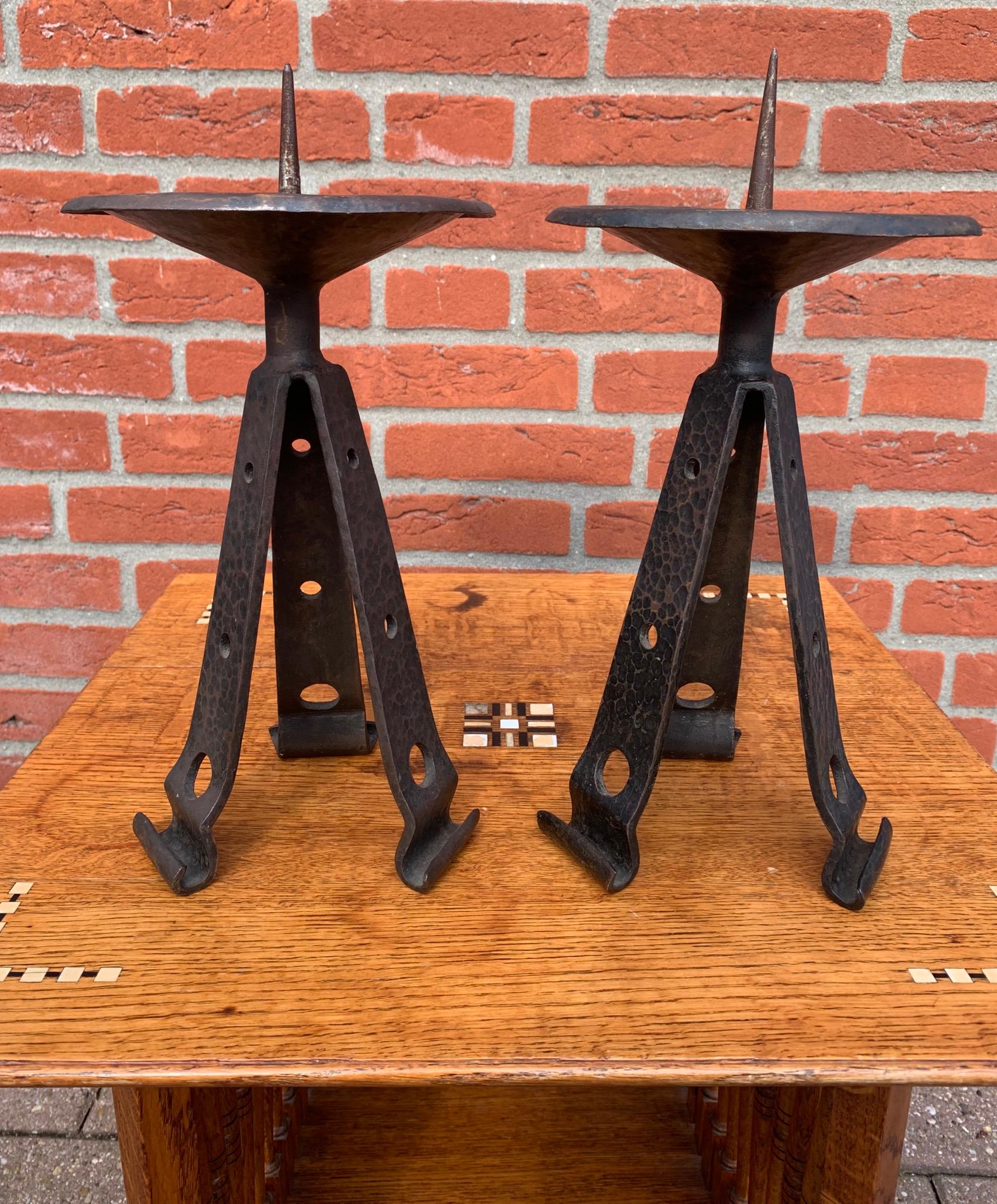 English Rare & Sturdy Pair of Brutalist Forged Wrought Iron Candlesticks / Candleholders For Sale