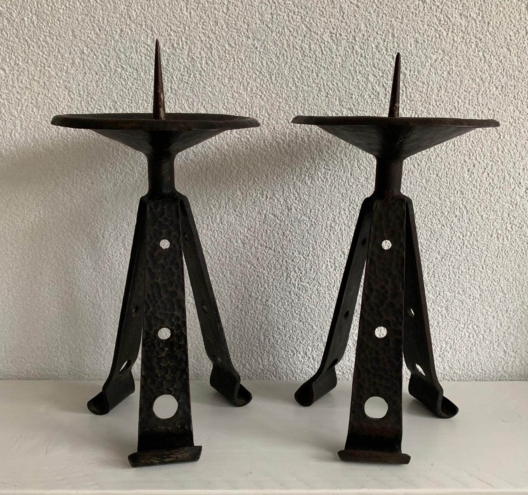 Hammered Rare & Sturdy Pair of Brutalist Forged Wrought Iron Candlesticks / Candleholders For Sale