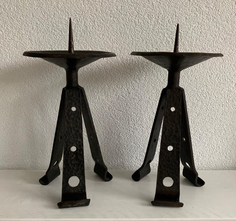 Hammered Sturdy Pair of Brutalist Forged Wrought Iron Candlesticks / Candleholders For Sale
