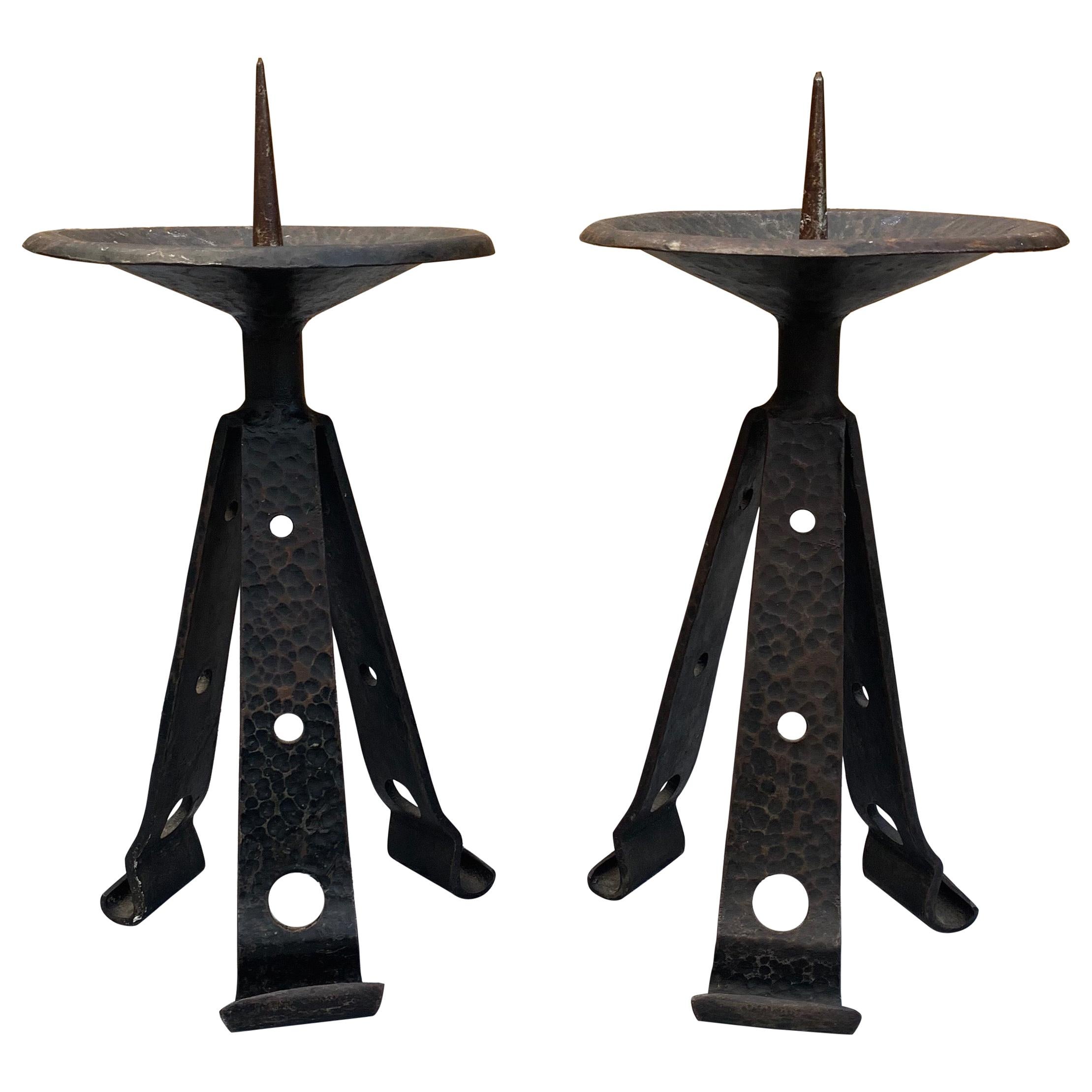 Rare & Sturdy Pair of Brutalist Forged Wrought Iron Candlesticks / Candleholders