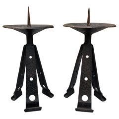 Sturdy Pair of Brutalist Forged Wrought Iron Candlesticks / Candleholders