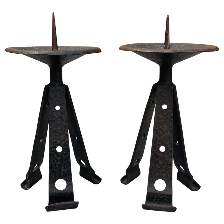 Sturdy Pair of Brutalist Forged Wrought Iron Candlesticks / Candleholders For Sale