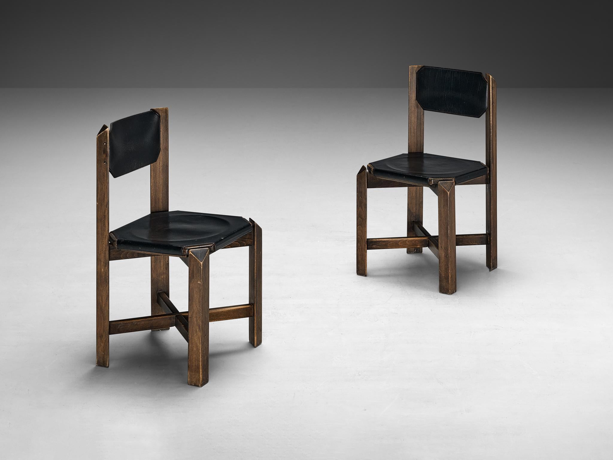 Mid-Century Modern Sturdy Set of Fourteen Dining Chairs in Black Leather and Wood 