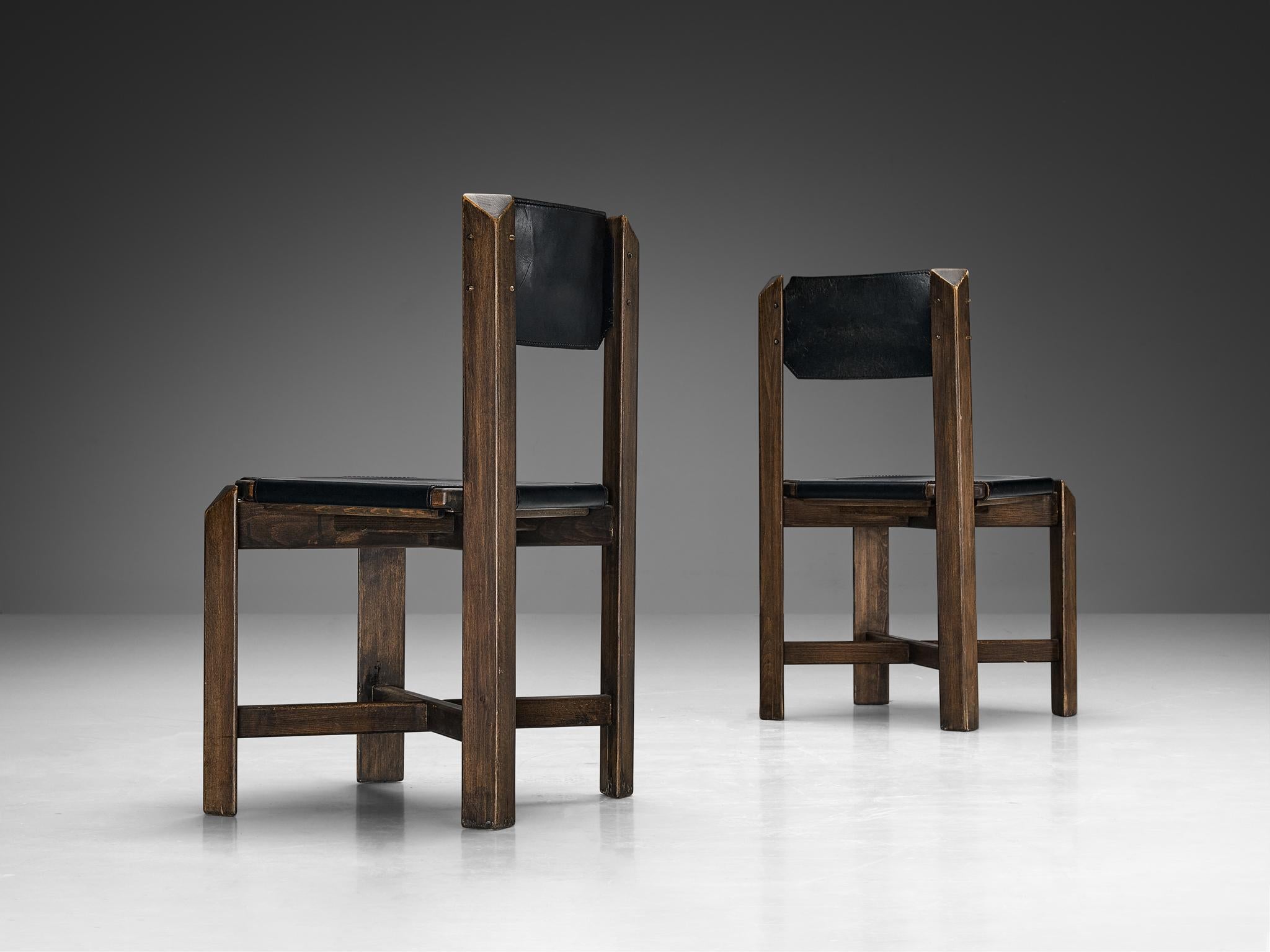 Sturdy Set of Fourteen Dining Chairs in Black Leather and Wood  2