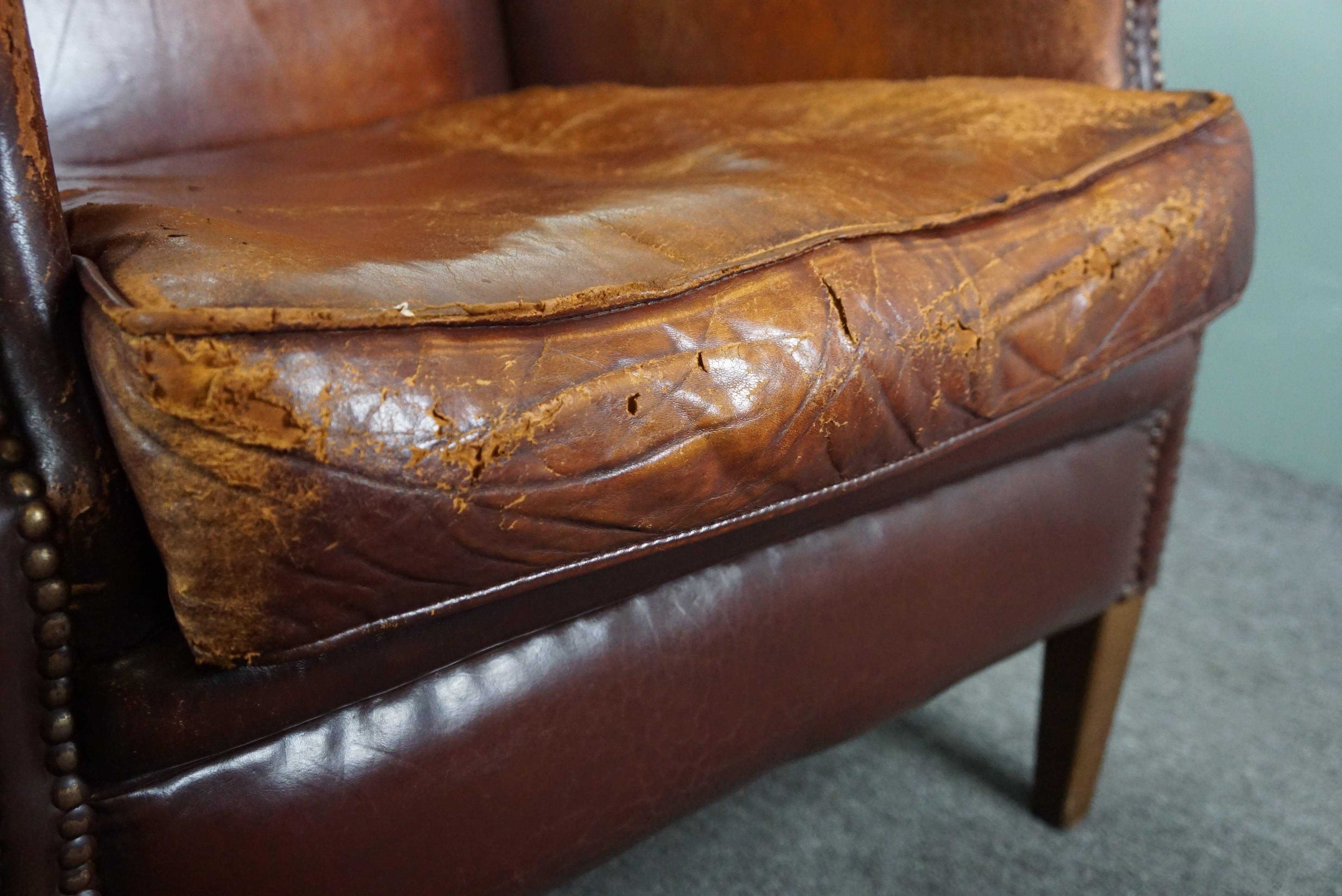 Sturdy sheep leather armchair with a distressed look For Sale 4