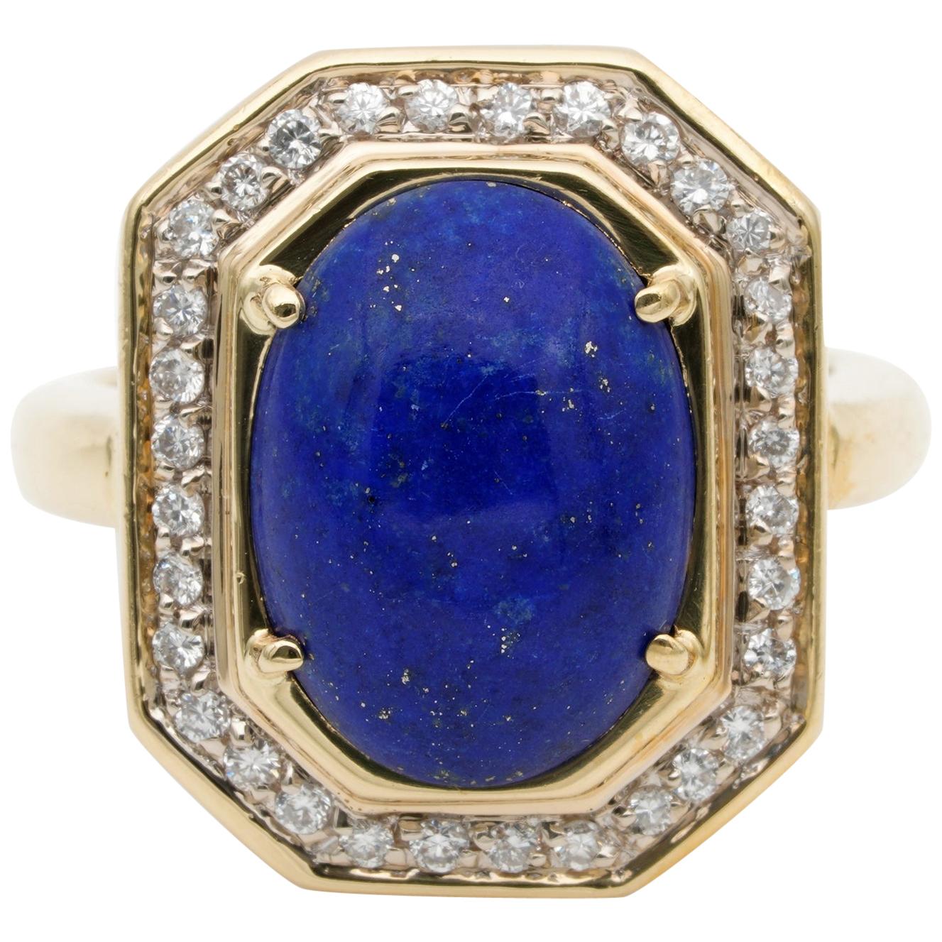 Sturdy Vintage Diamond Lapis Cocktail Ring Heavy 18 Karat Gold For Sale