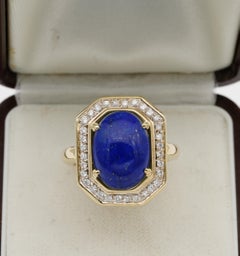 Sturdy Vintage Diamond Lapis Cocktail Ring Heavy 18 Karat Gold