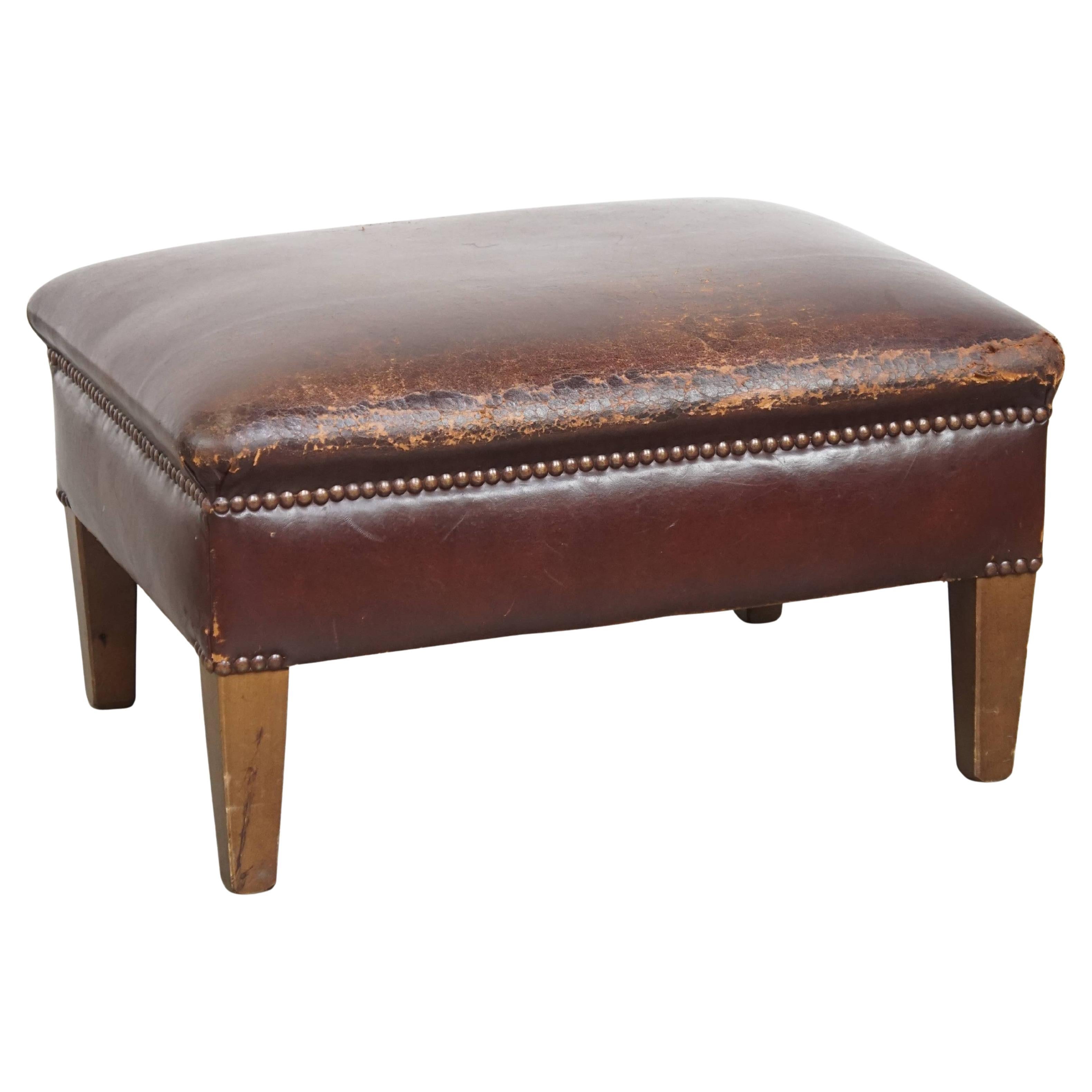 Sturdy Vintage Ottoman Made of Sheepskin Leather For Sale