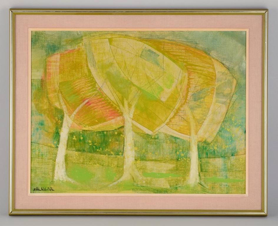 Sture Wickström (1921-1993) , Swedish artist. 
Oil on canvas. Modernist landscape.
Title: 