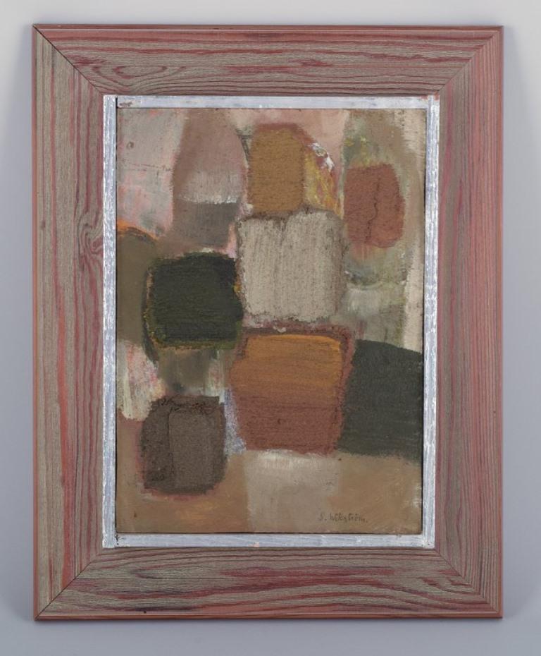 Sture Wikstöm (1921-1993), Swedish artist. 
Oil on board. 
Abstract composition. Bold brushstrokes.
From the 1960s/70s.
Signed.
In perfect condition.
Visible dimensions: 25,0 cm x 34,0 cm.
Total dimensions: 38,0 cm x 49,0 cm.