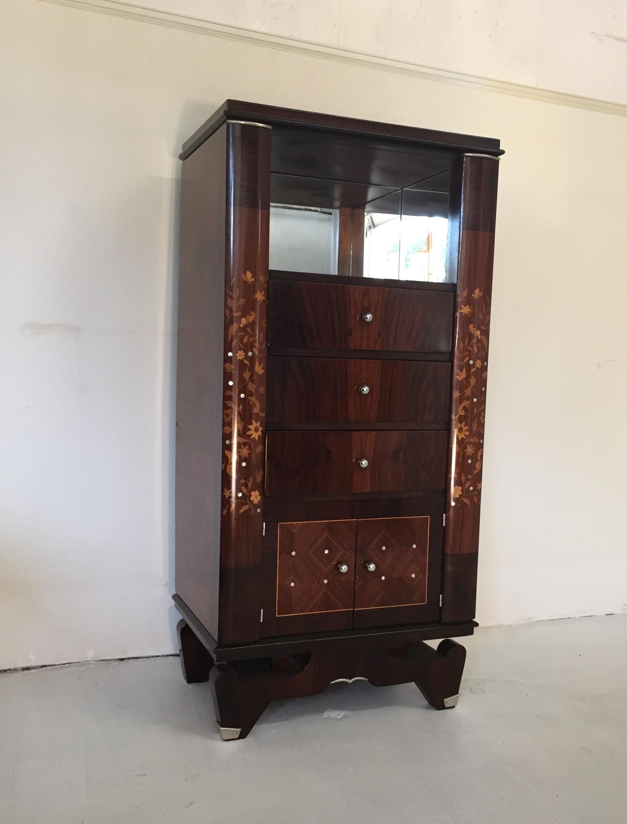 Mother-of-Pearl French Art Deco Cabinet in the Jules Leleu Style Mahogany and Mother of Pearl