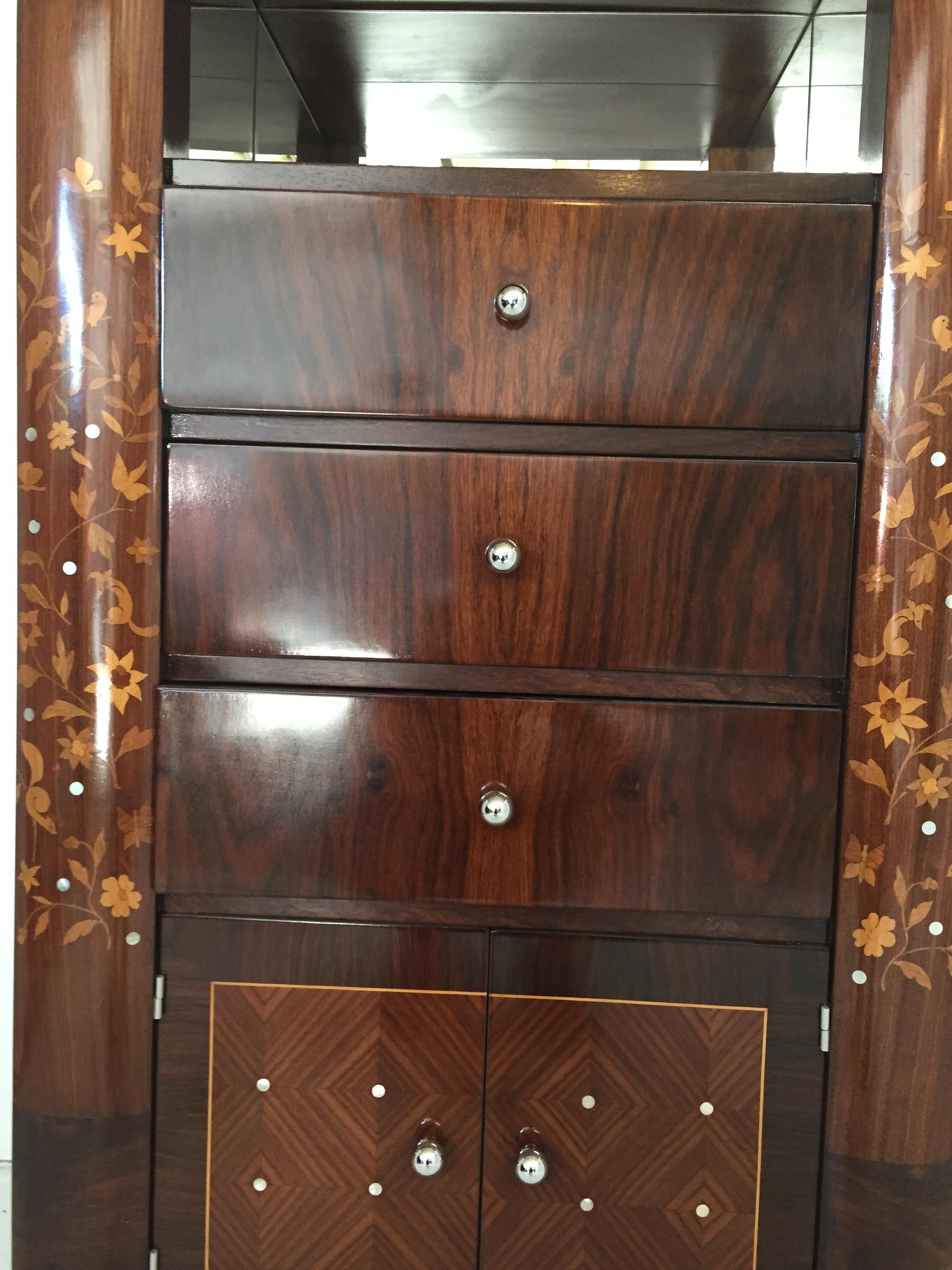 Mid-20th Century French Art Deco Cabinet in the Jules Leleu Style Mahogany and Mother of Pearl
