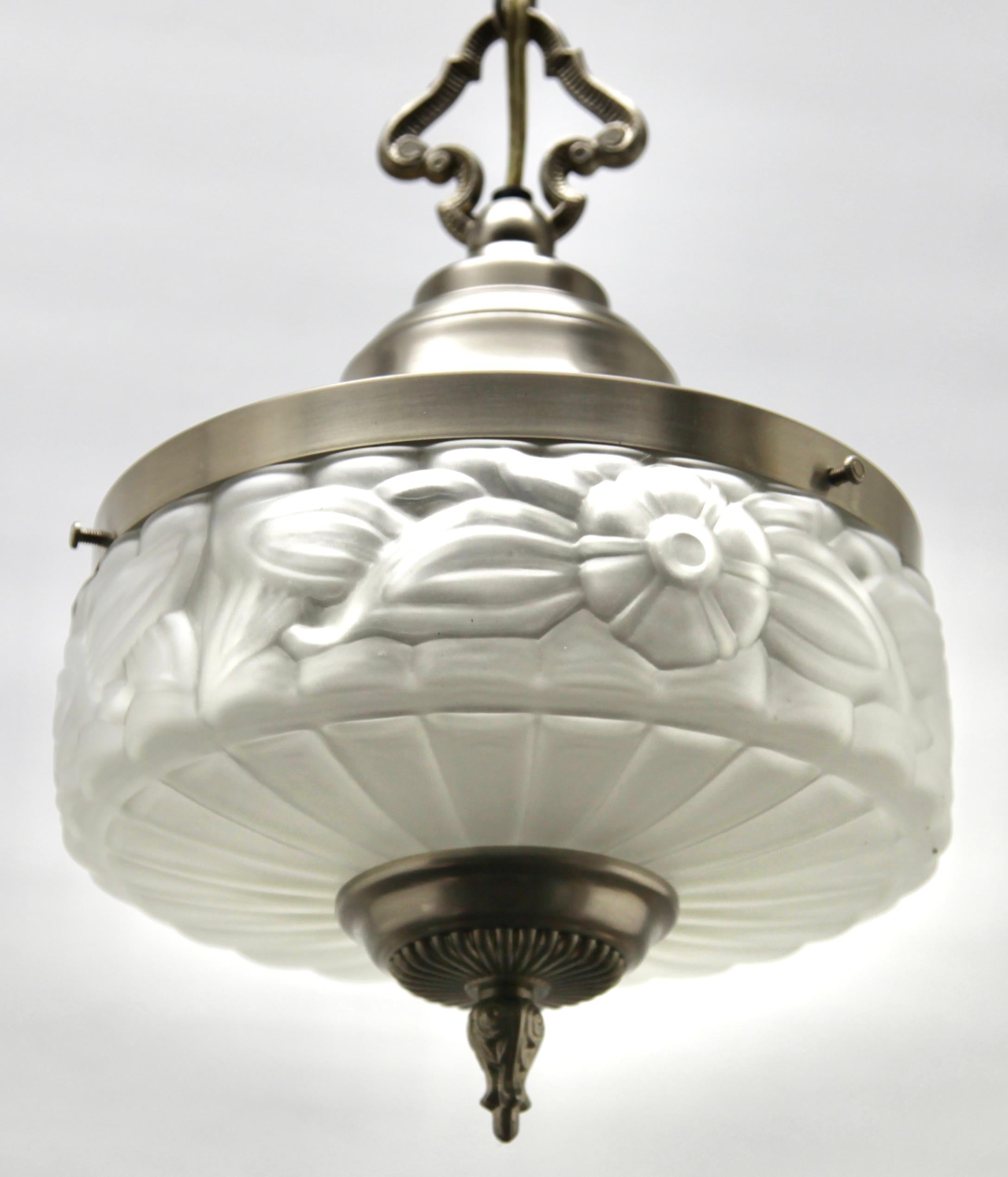 Style Art Deco Ceiling Lamp, Scailmont Belgium Glass Shade, 1950s 3