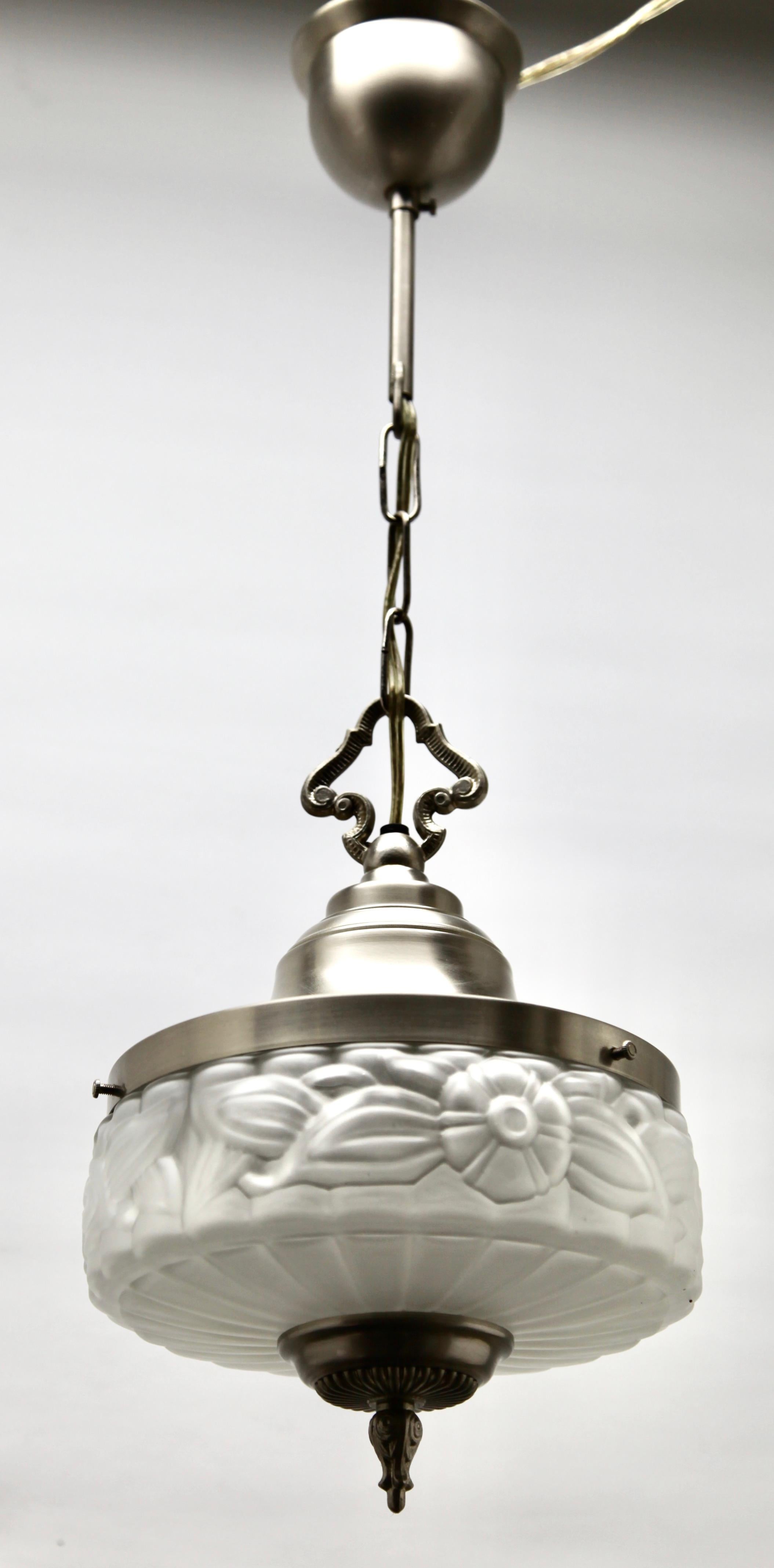 Style Art Deco Ceiling Lamp, Scailmont Belgium Glass Shade, 1950s 4