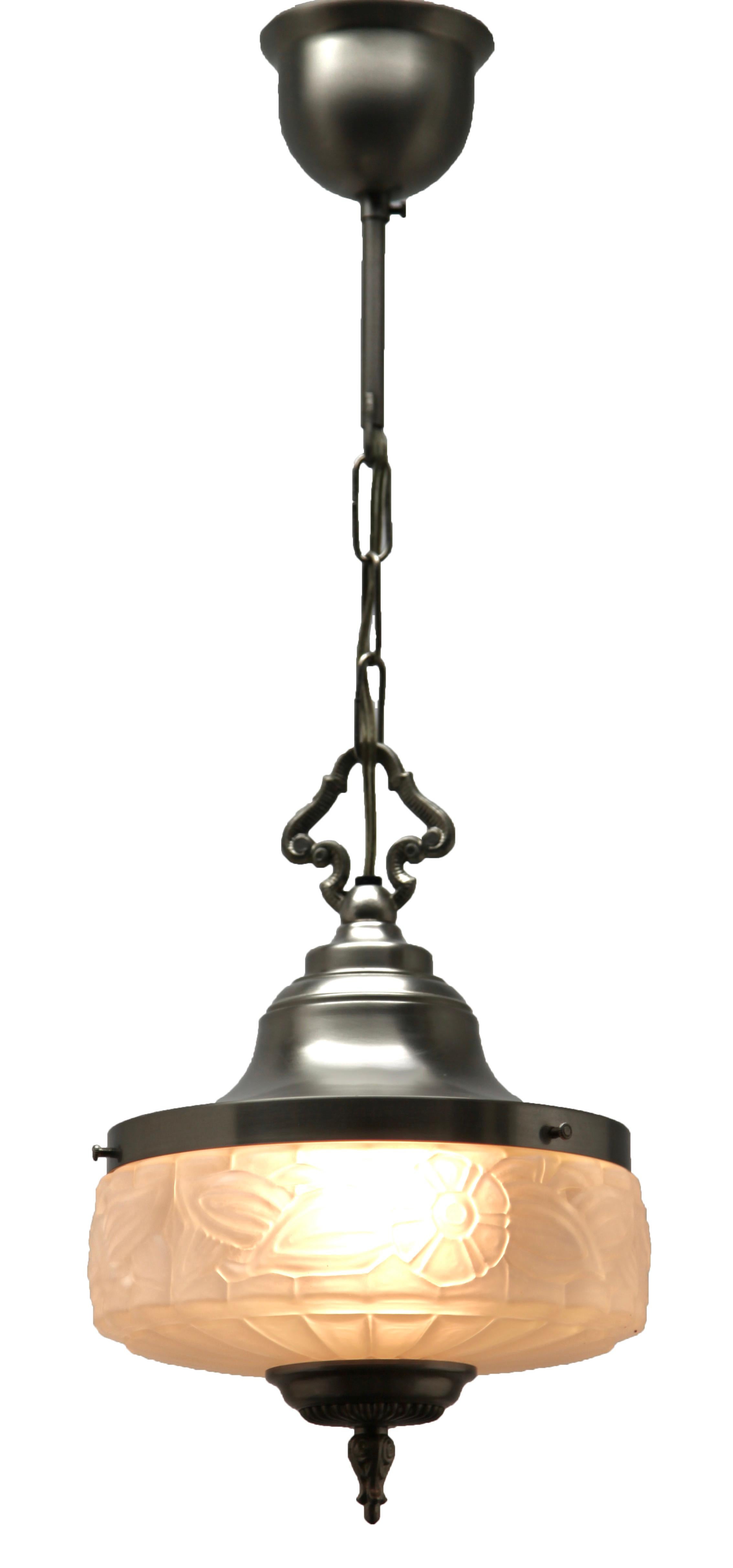 Style Art Deco ceiling lamps
Photography fails to capture the simple elegant illumination provided by this lamp.

Fitting messing pendant ceiling light with screw fixing to hold a stylish Belgian Art Deco lampshade. Good distribution of darker