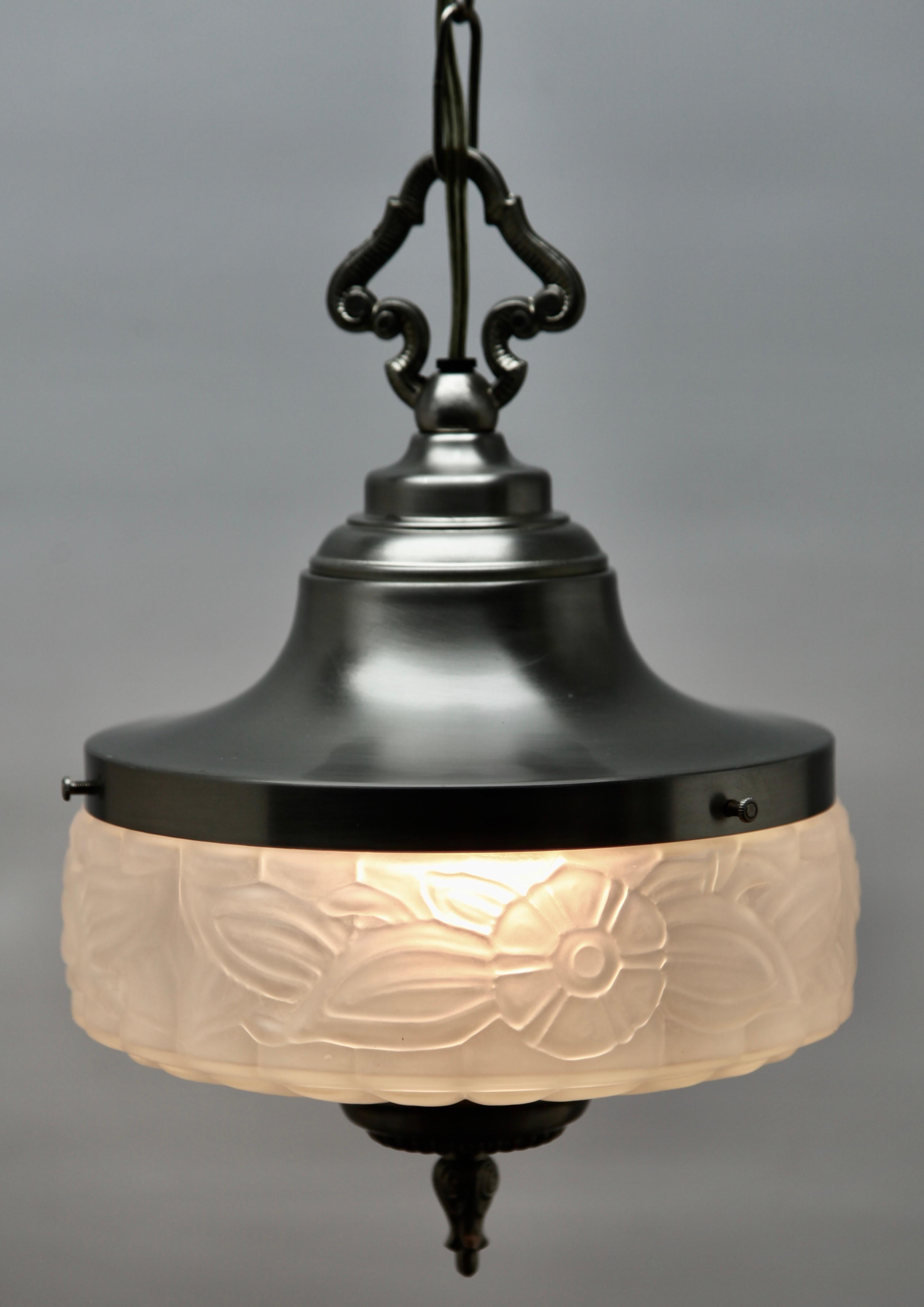 Belgian Style Art Deco Ceiling Lamp, Scailmont Belgium Glass Shade, 1950s
