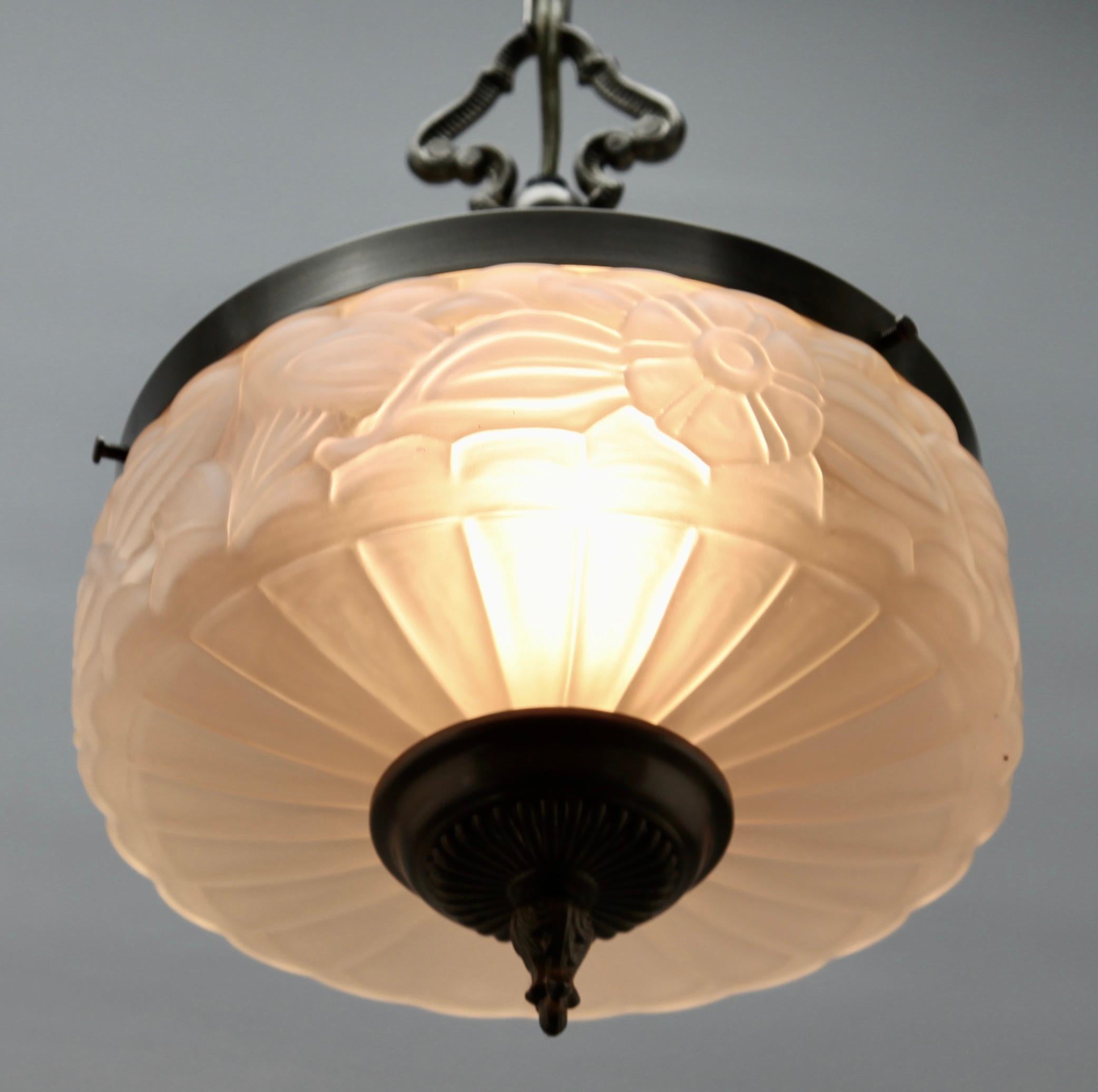 Style Art Deco Ceiling Lamp, Scailmont Belgium Glass Shade, 1950s 1