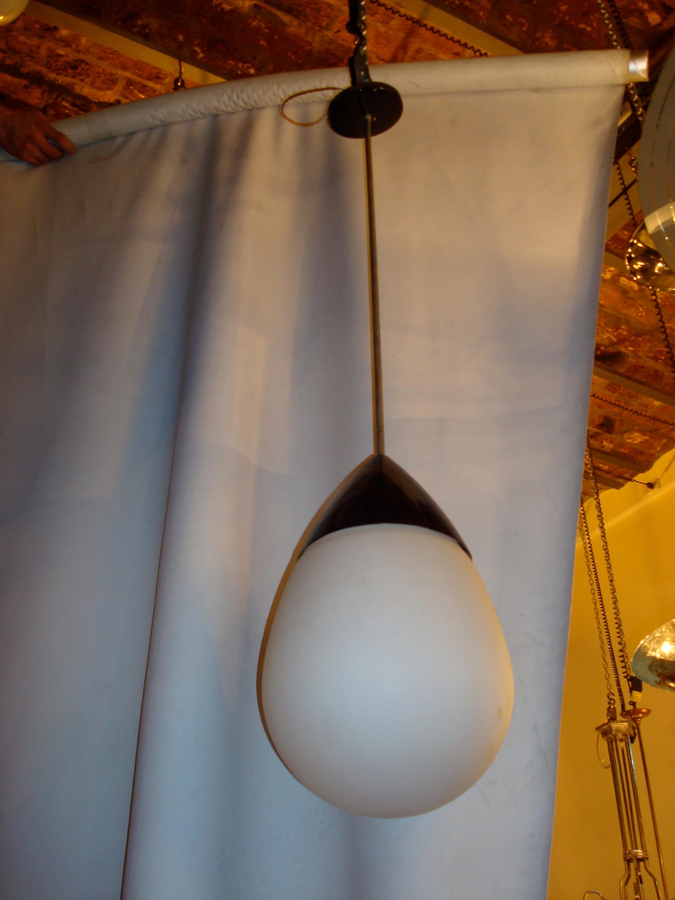 Bauhaus  Chandelier in Opaline and Iron, 1930,  German attributed to Peter Behrens For Sale