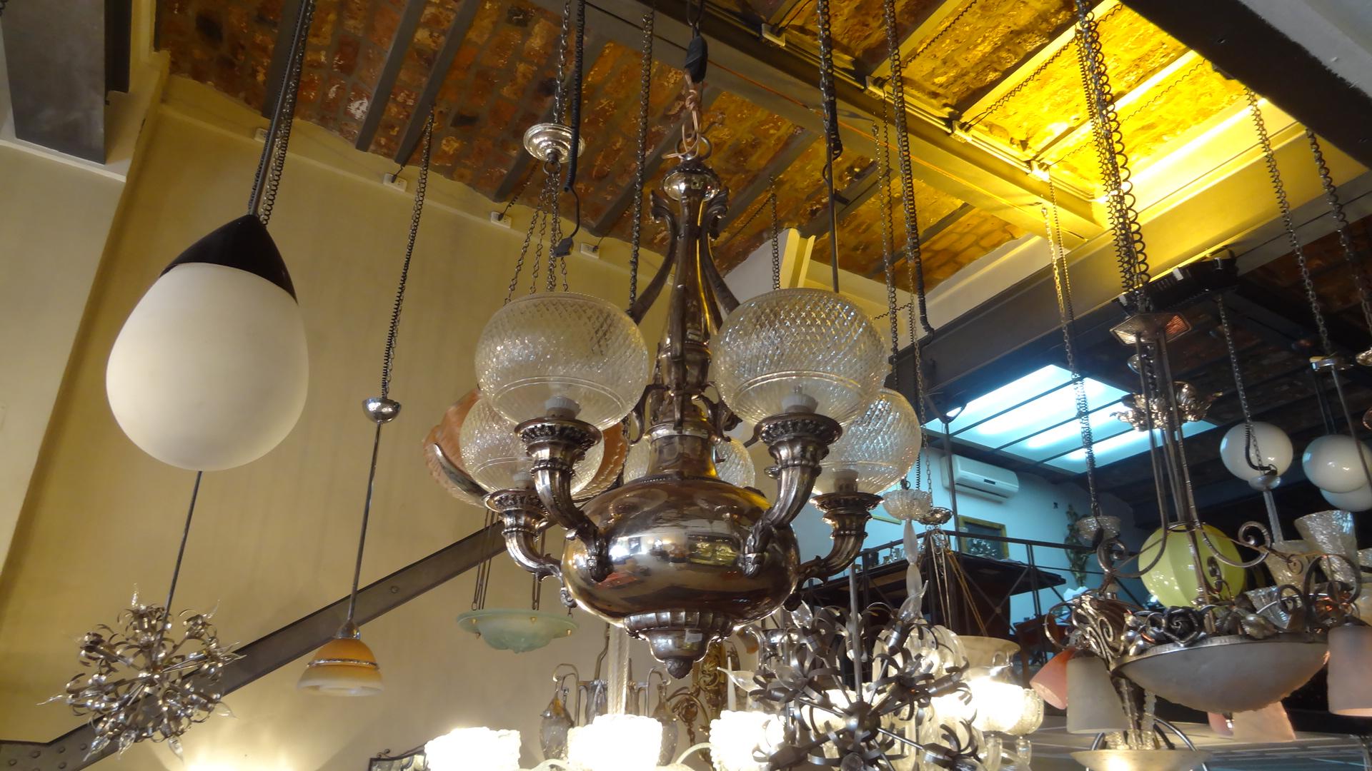 Mid-20th Century  Chandelier in Opaline and Iron, 1930,  German attributed to Peter Behrens For Sale