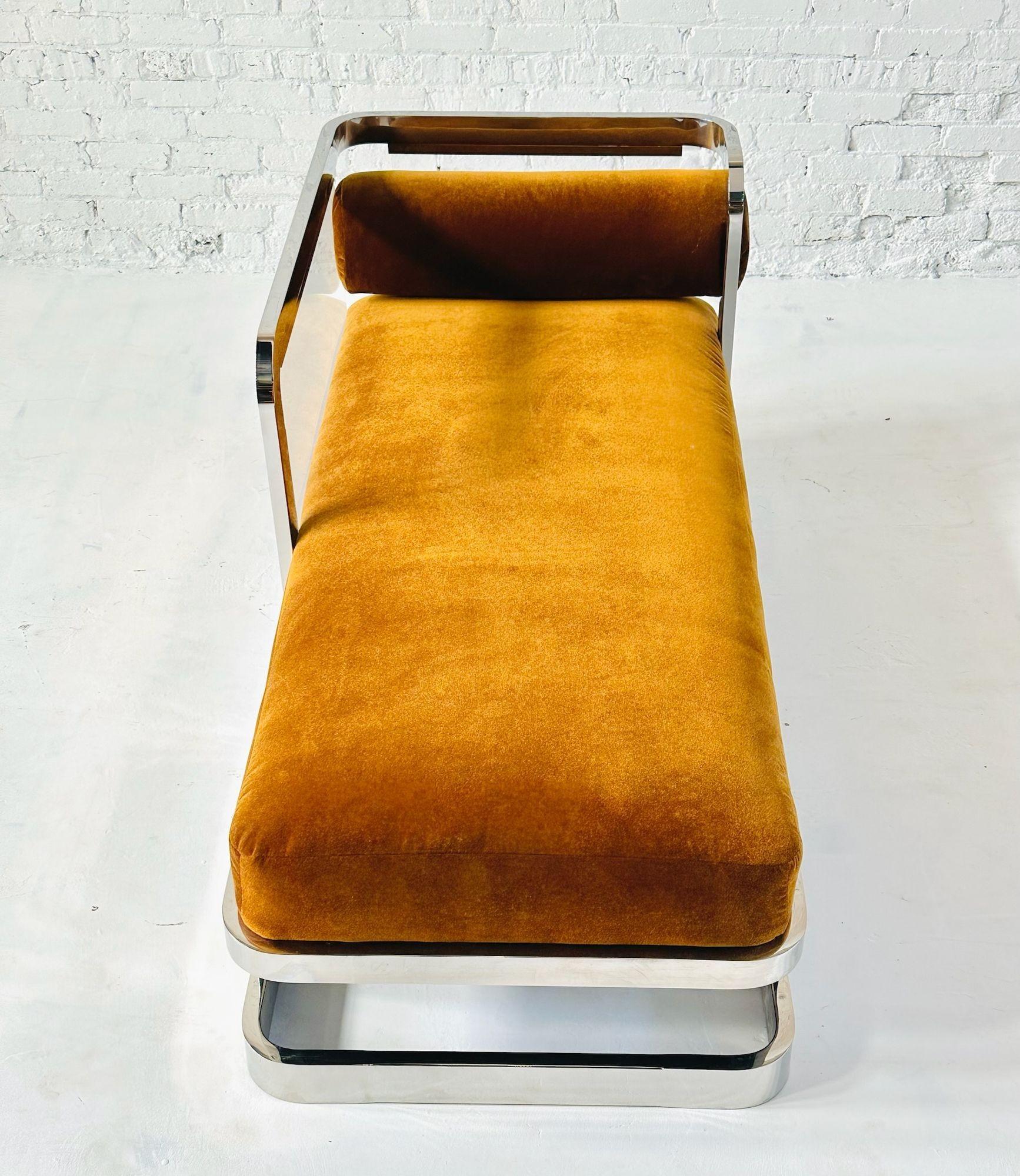 Style Charles Hollis Jones Chrome Brass Lucite Chaise Lounge/Daybed, 1970. Newly reupholstered in mohair.
Measures 28” tall 62” long 28.25” deep seat height 17.5” seat 53” deep