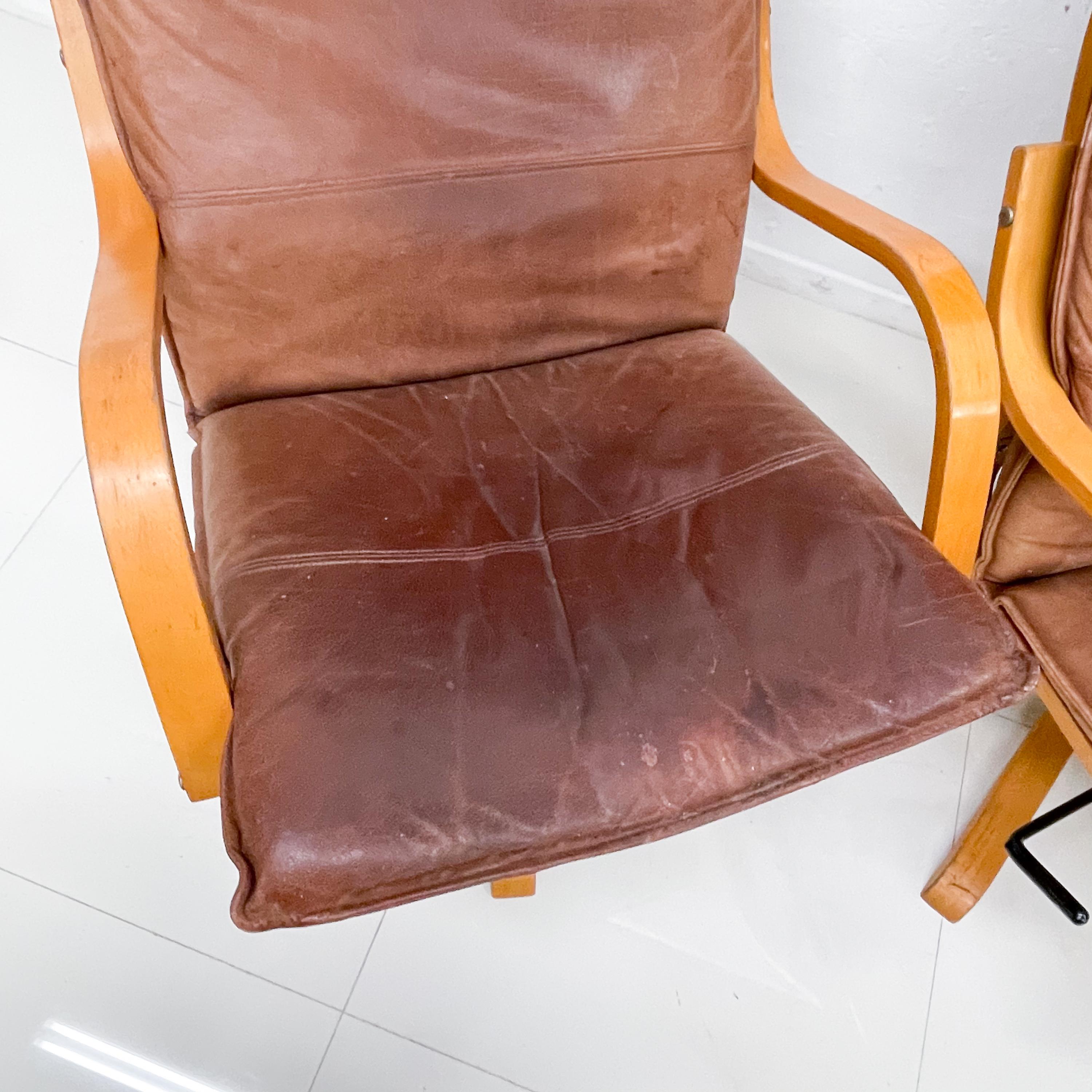 Mid-Century Modern Style De Sede Tall Leather Lounge Chairs Blonde Wood Star Base, Italy, 1960s