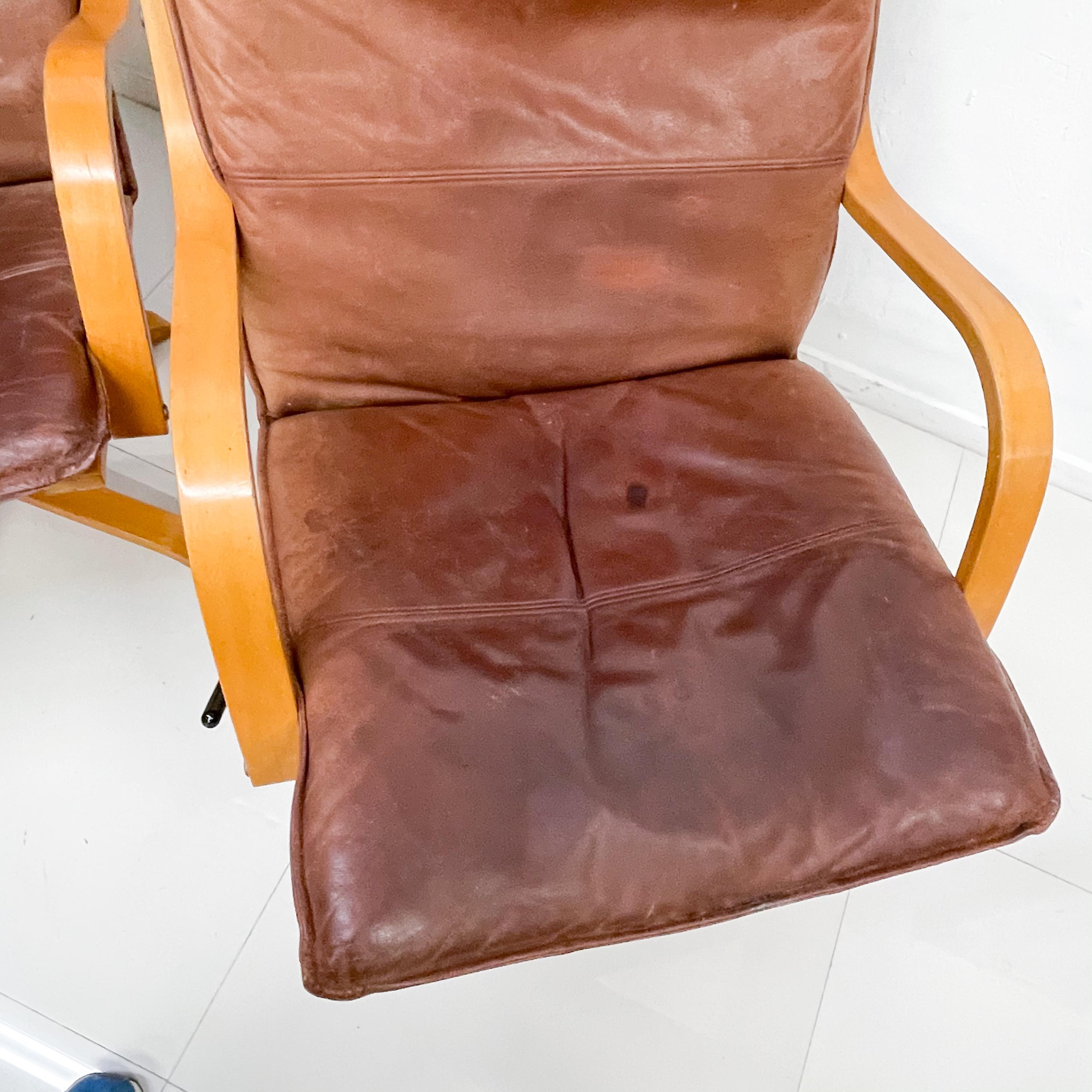 Mid-20th Century Style De Sede Tall Leather Lounge Chairs Blonde Wood Star Base, Italy, 1960s