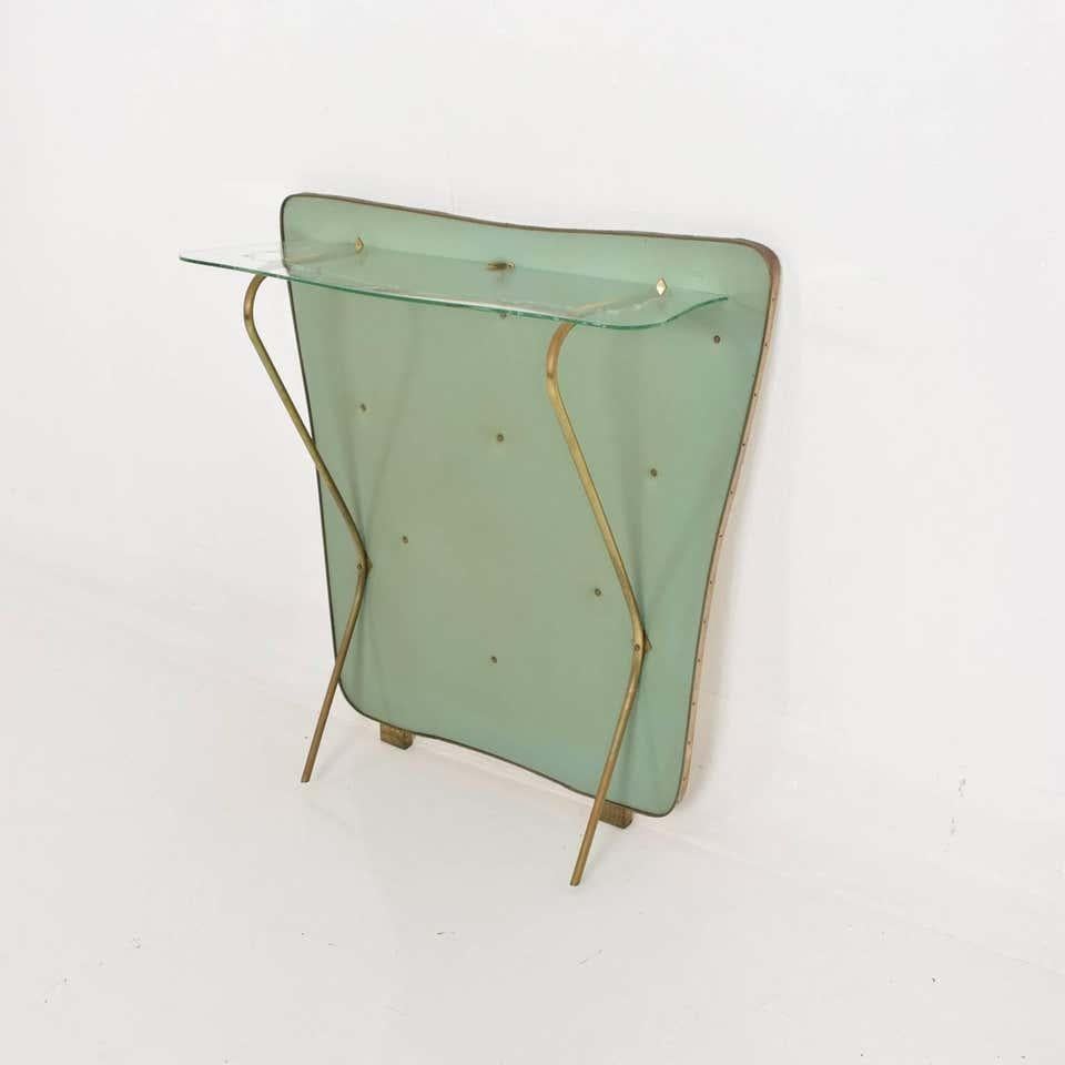 Brass Gio Ponti Style Sculptural Floating Glass Wall Console Ethereal Mint Green 1950s