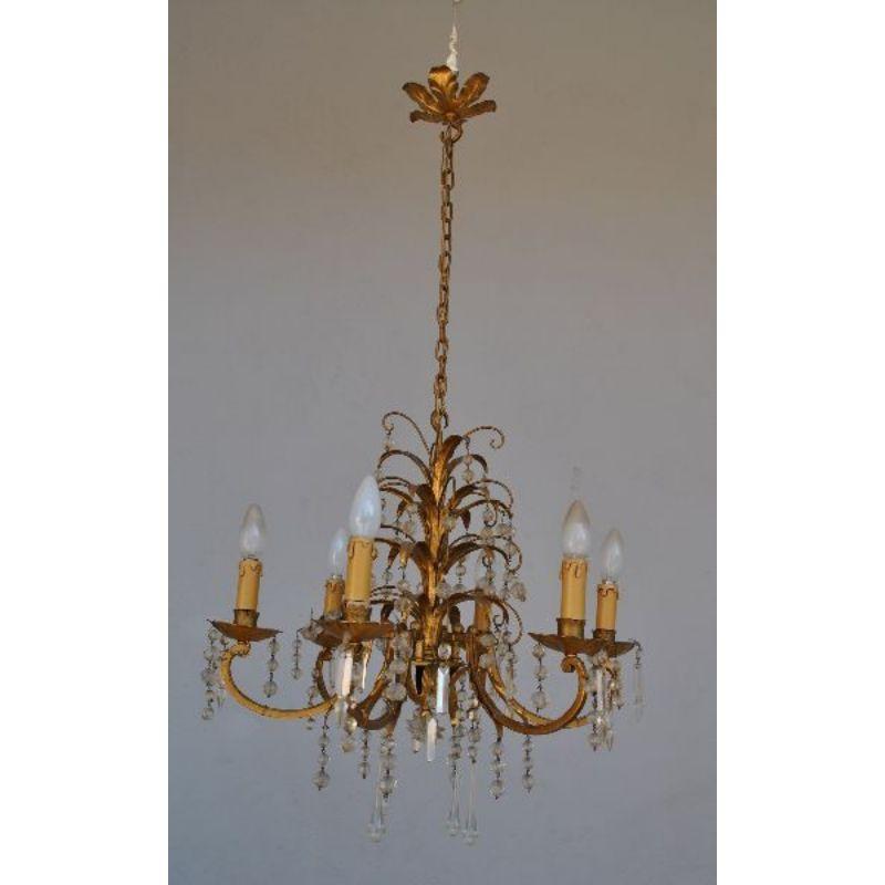 Chandelier with pendants and charms 1940 style gilded metal in the spirit of Maison Baguès with 6 lights, height 105 cm for a diameter of 60 cm.

Additional information: 
Material: Bronze, glass & crystal
Style: 1940s to 1960s.