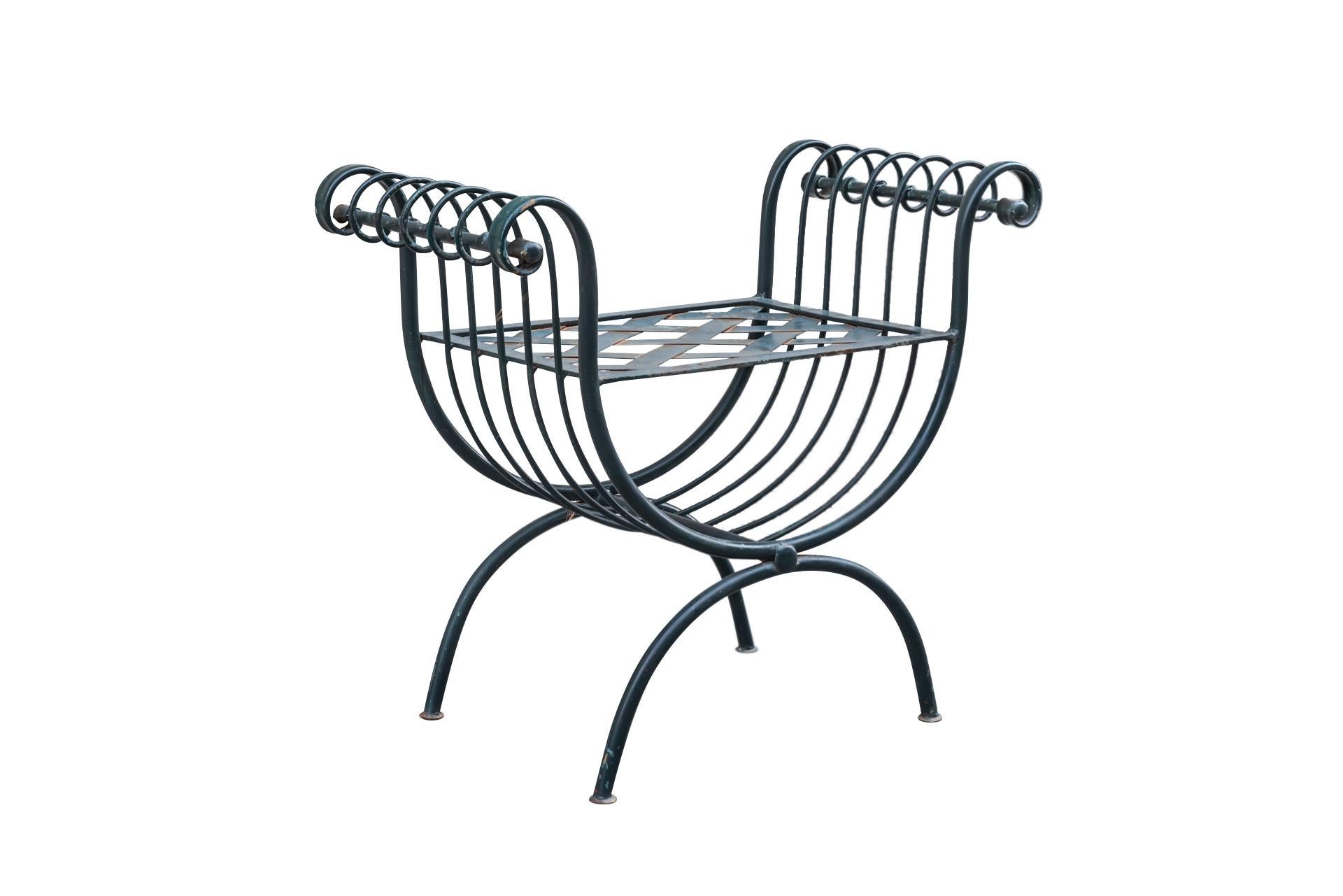 Style neoclassic, pair of stools,
Wrought iron,
The armrests decorated with windings, X-shaped base,
circa 1970, France. 

Measures : Width 68 cm, depth 36 cm, height 59 cm.

Possibility to have an another pair of curules stools.