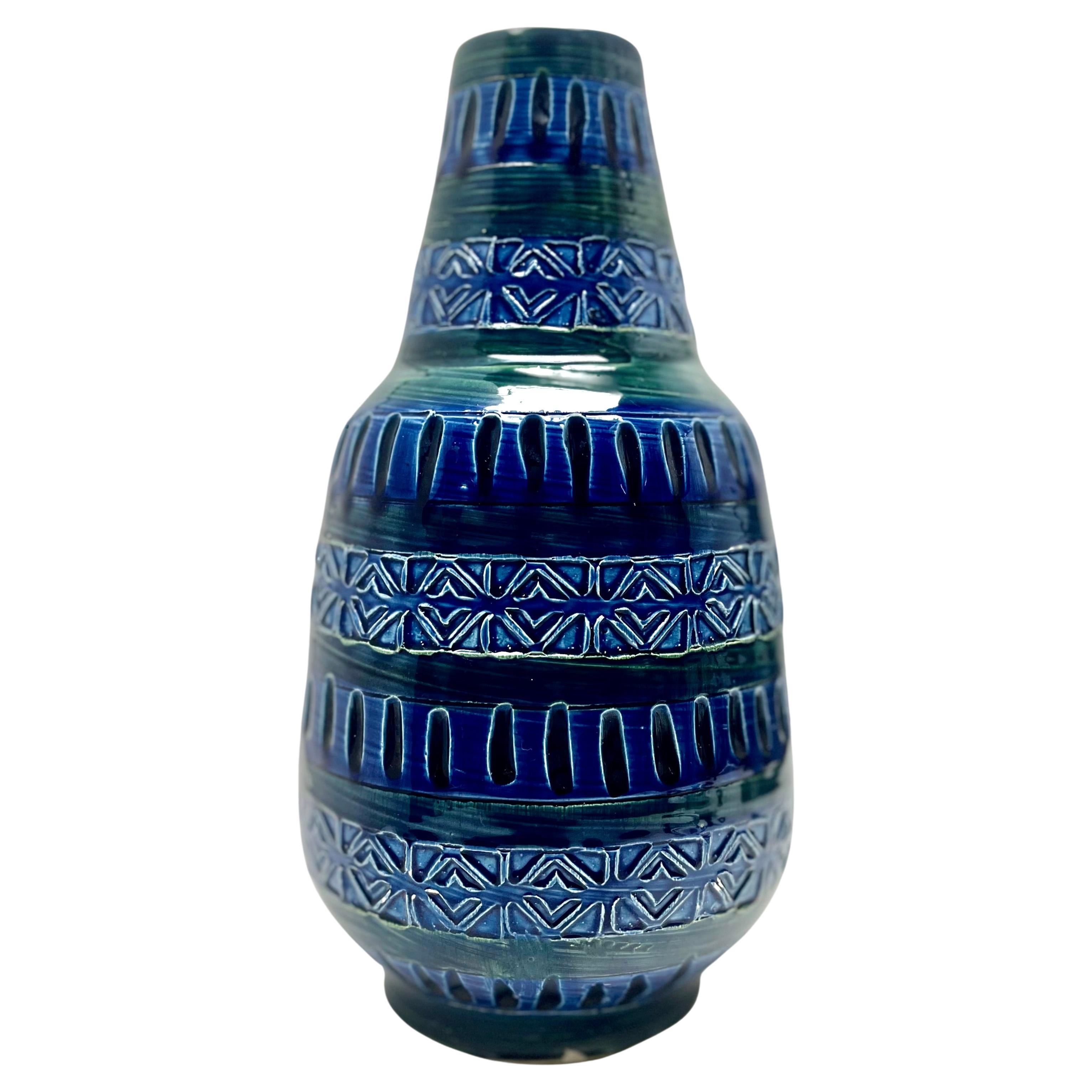 Vase vintage à glaçure bleue et verte de style Bitossi, Allemagne, 1970