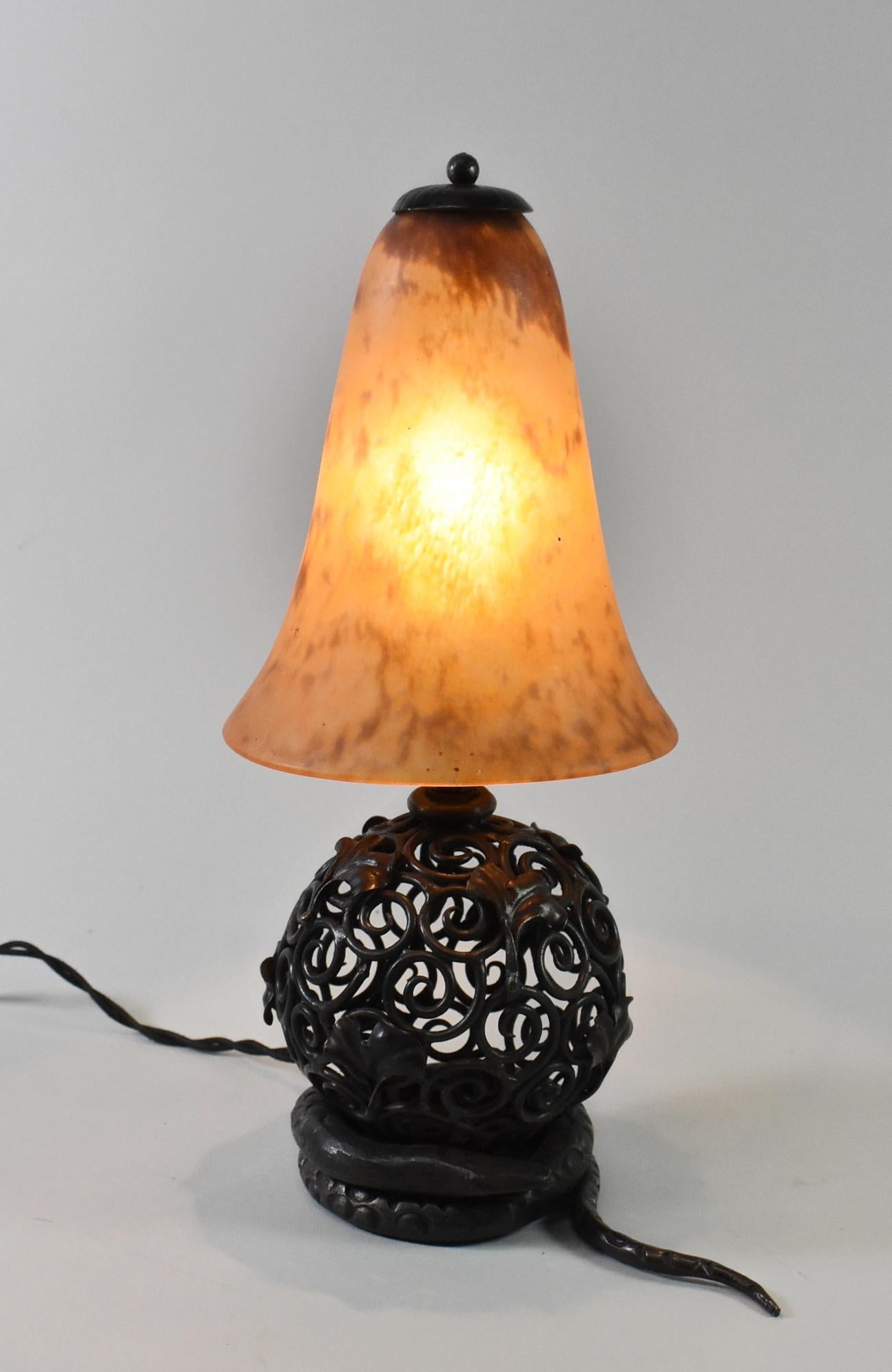 Art Deco Style Of Edgar Brandt Iron Snake & Ginko Table Lamp With Daum Nancy Glass Shade For Sale
