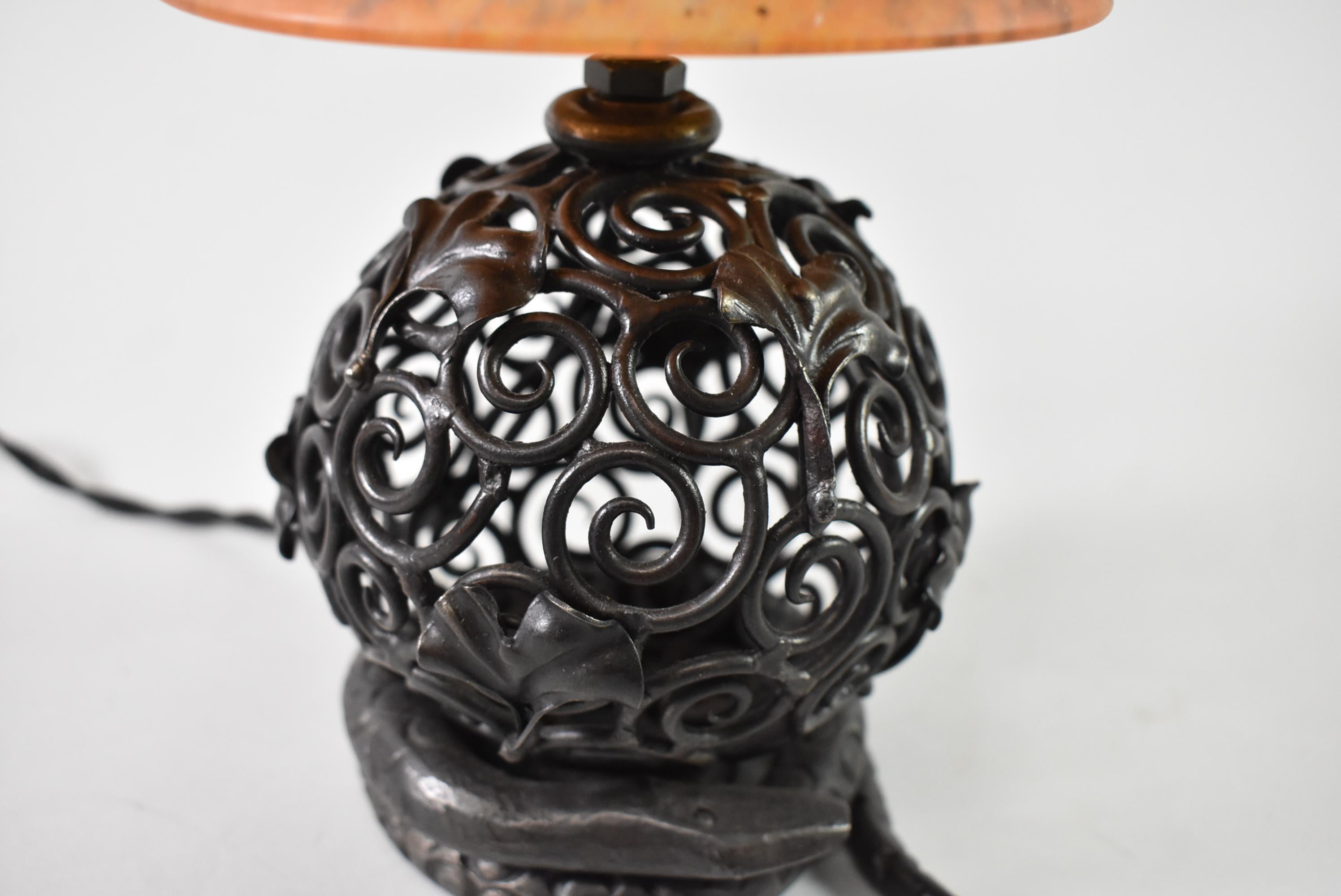 Style Of Edgar Brandt Iron Snake & Ginko Table Lamp With Daum Nancy Glass Shade In Good Condition For Sale In Toledo, OH