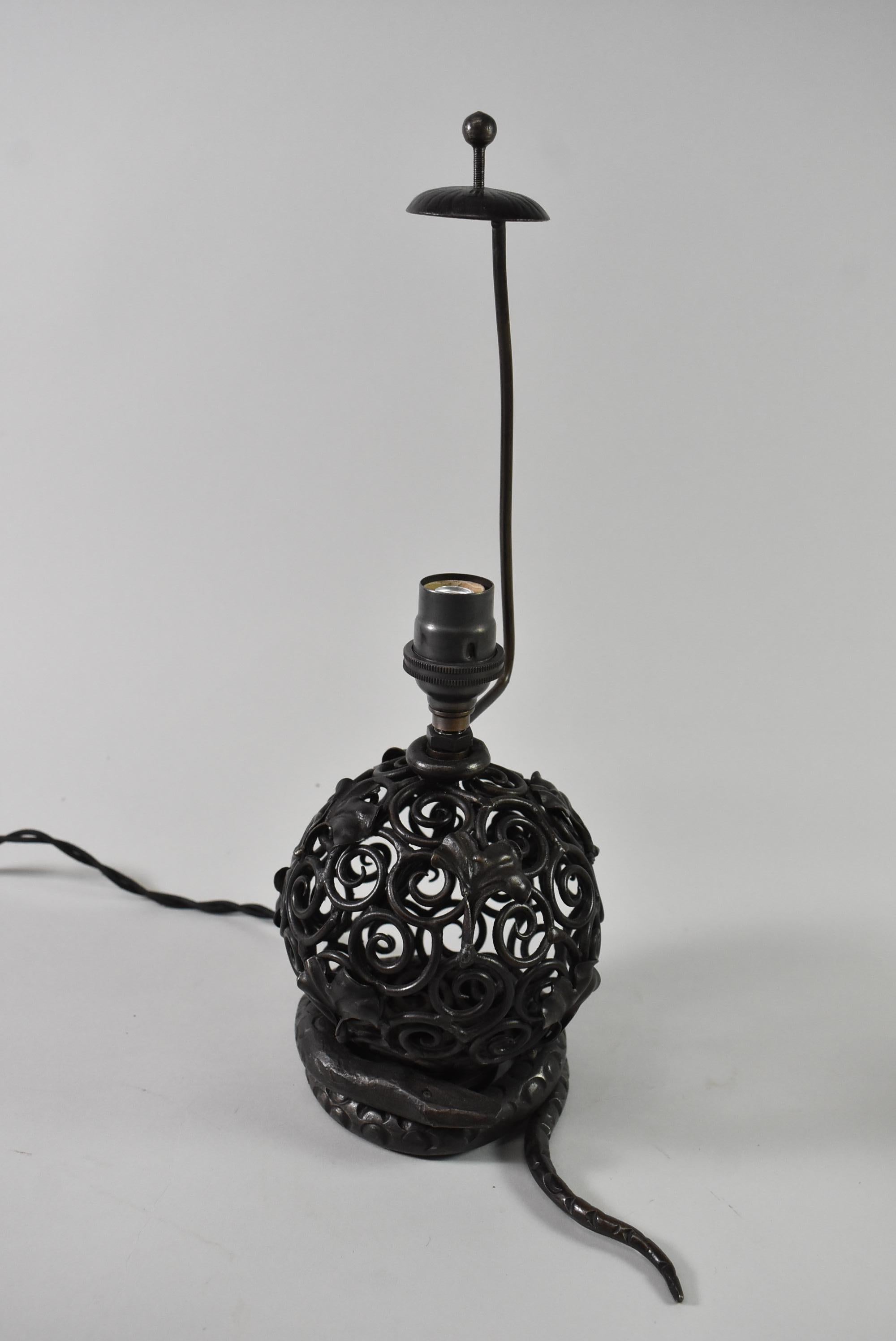 Style Of Edgar Brandt Iron Snake & Ginko Table Lamp With Daum Nancy Glass Shade For Sale 3
