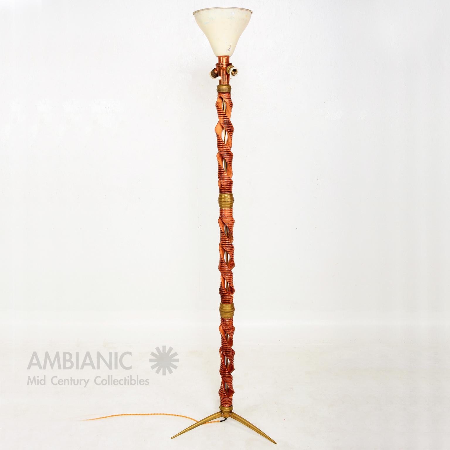 Style of Franco Albini Italian Floor Lamp in Braided Blonde Wood with Brass 2