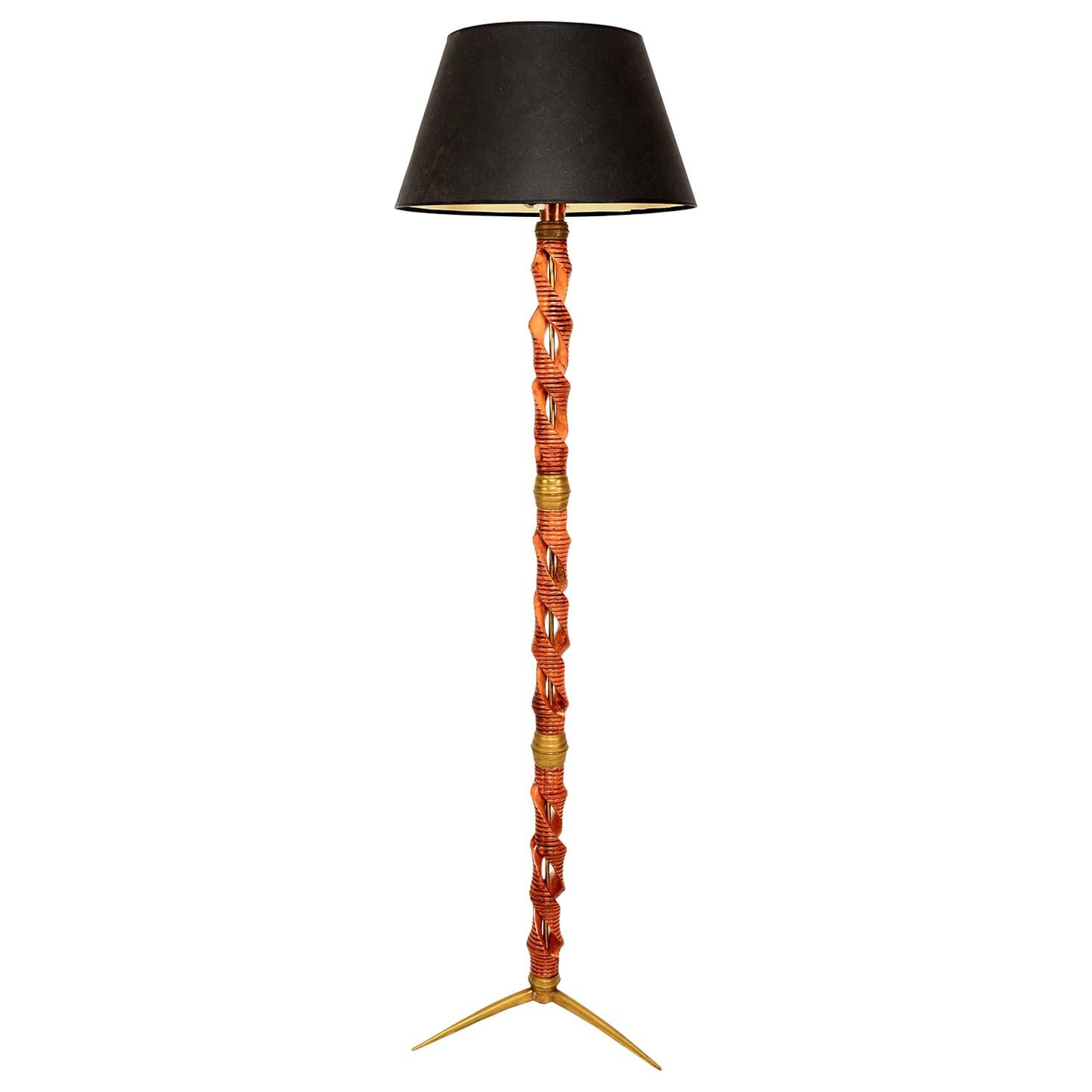 Style of Franco Albini Italian Floor Lamp in Braided Blonde Wood with Brass