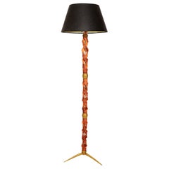 Style of Franco Albini Italian Floor Lamp in Braided Blonde Wood with Brass