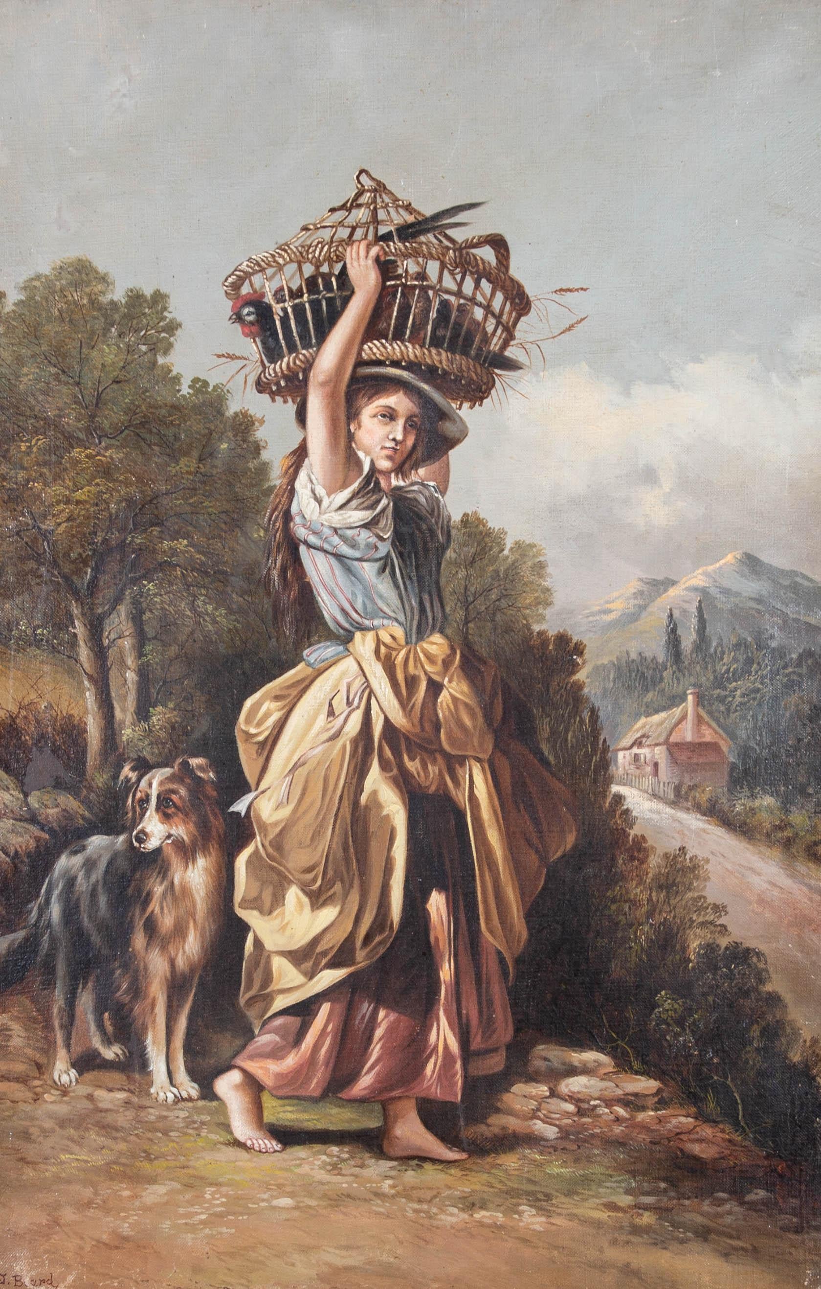 A fine study of a young farm girl on her way to market, followed by her faithful dog. She carries a large basket on her head, filled with chickens to sell. <span >The artist has been influenced by </span>Beardâ€™s proficiency in depicting animals