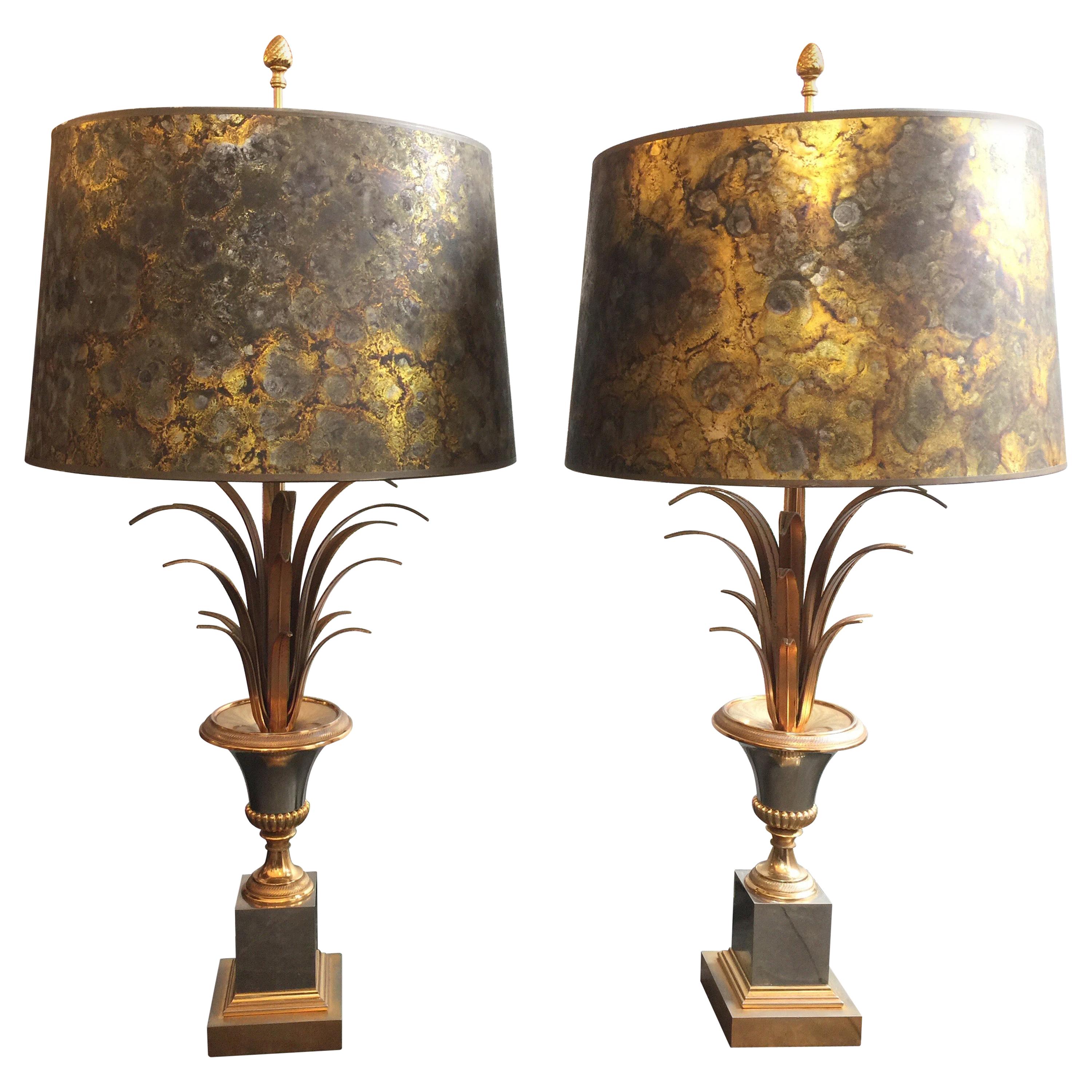 Vintage French Wheat Reed Mixed Metal Table Lamps