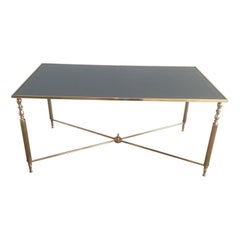 Style of Maison Jansen Brass Coffee Table with Original Blueish Mirror Top