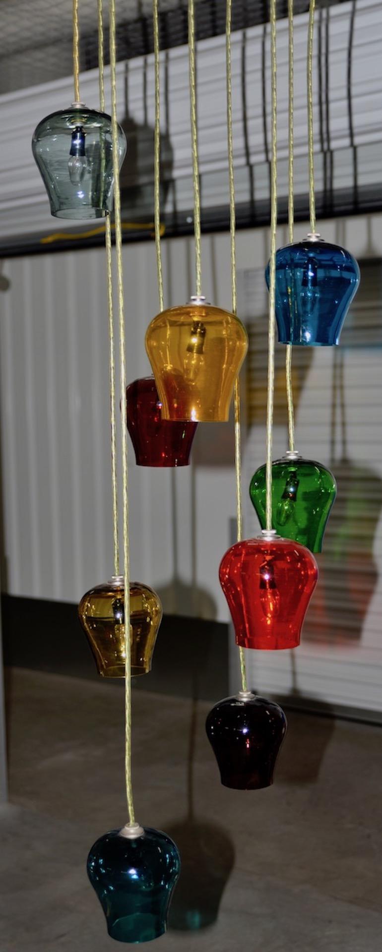American Style of Morris Lapidus Hand Blown Multicolored Glass Goblets Chandelier For Sale