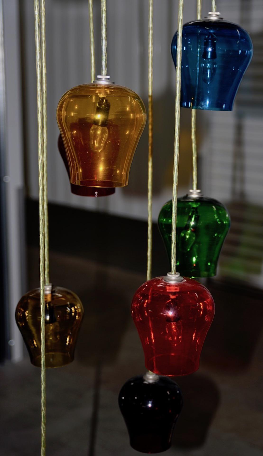 Hand-Crafted Style of Morris Lapidus Hand Blown Multicolored Glass Goblets Chandelier For Sale